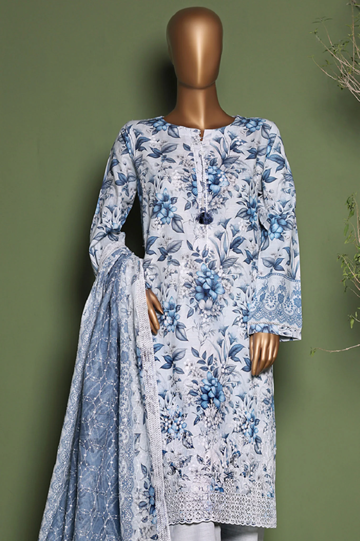 HZ Stitched 3 Piece Emb Printkari Khaddar Suit-KPS-2548-Sky - Image 2