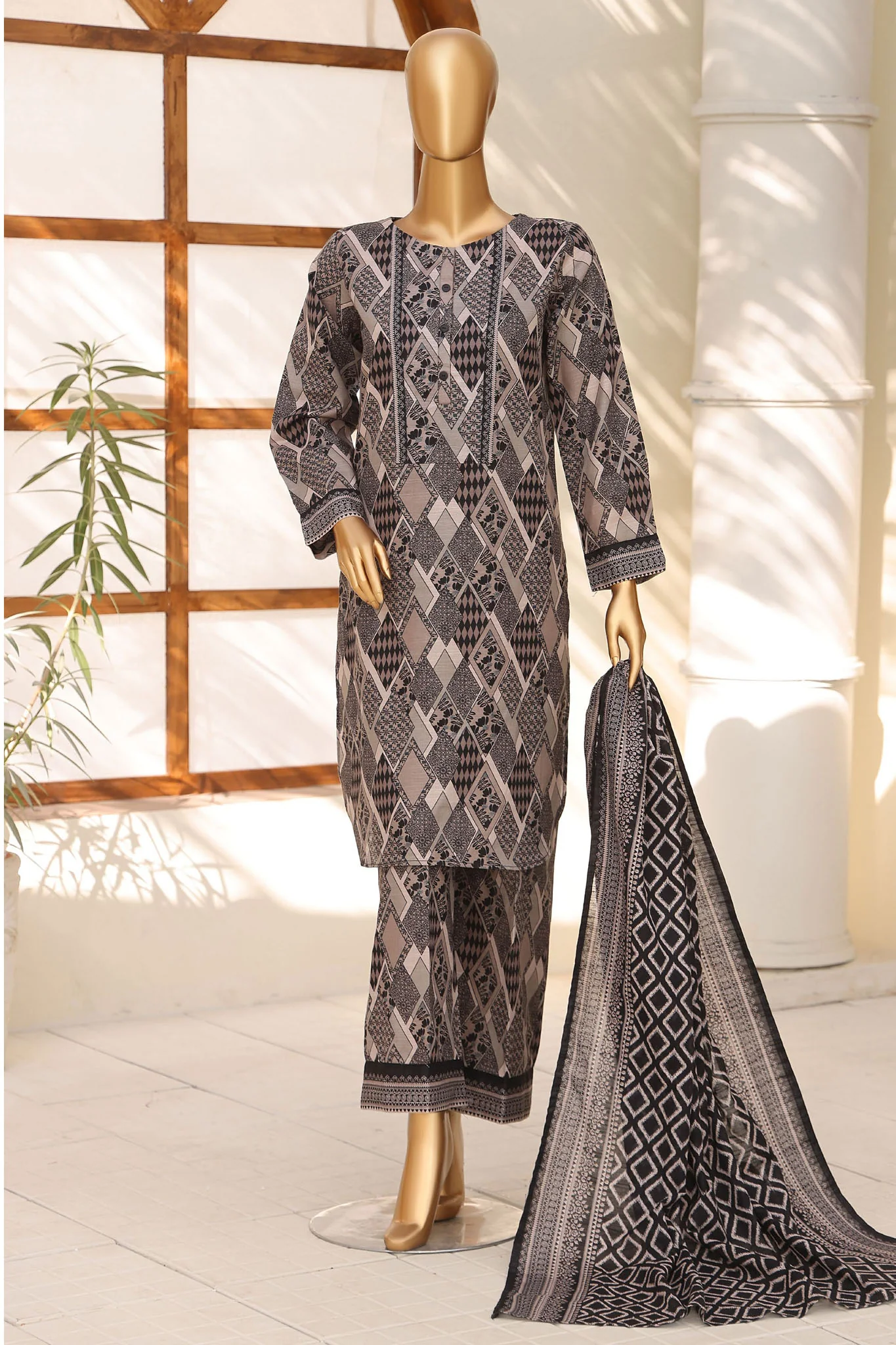 HZ Stitched 3 Piece Digital Printed Khaddar Vol-04 Suit-KPT-1104-Black