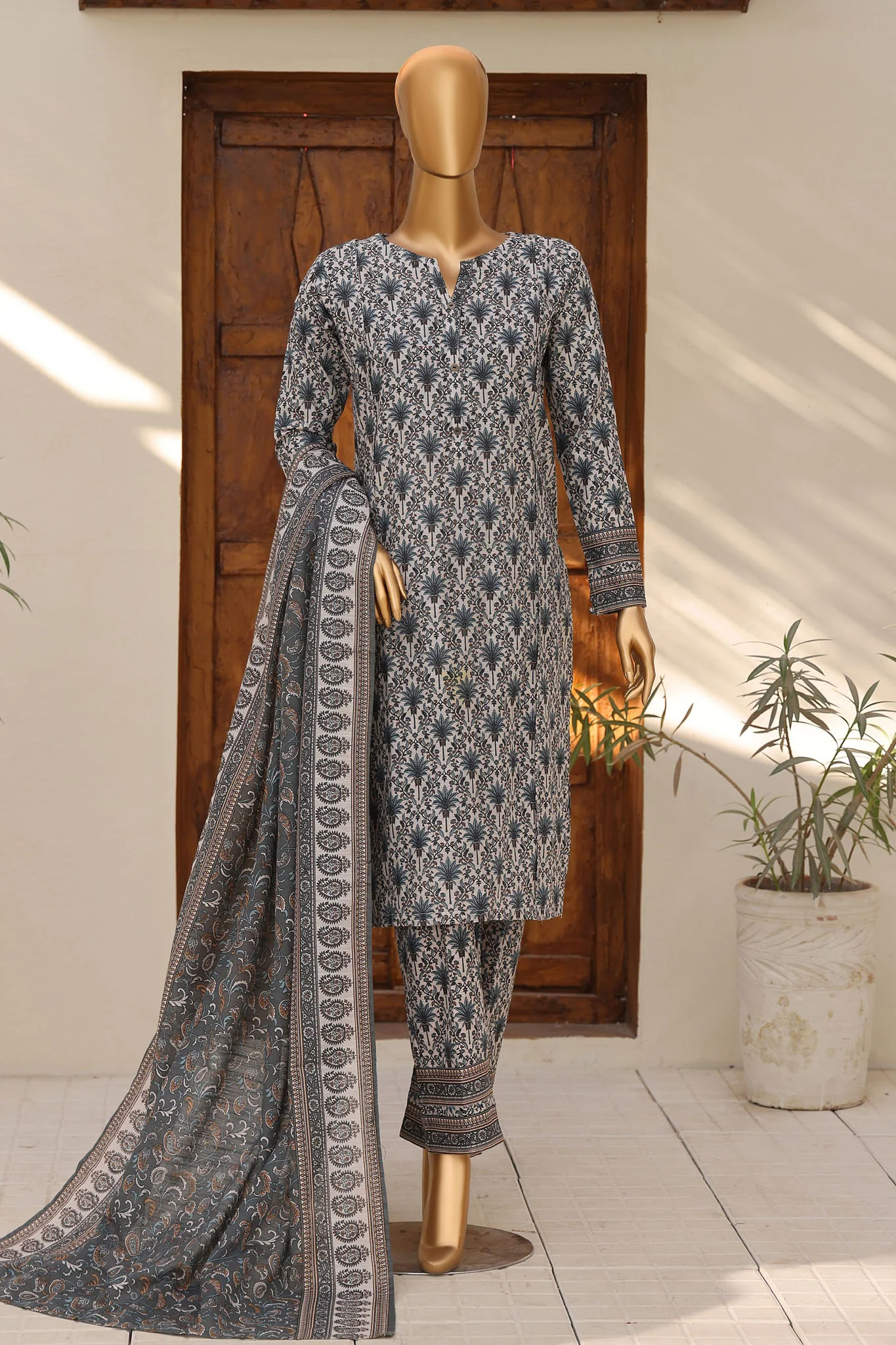 HZ Stitched 3 Piece Digital Printed Khaddar Vol-04 Suit-KPT-1107-Skin