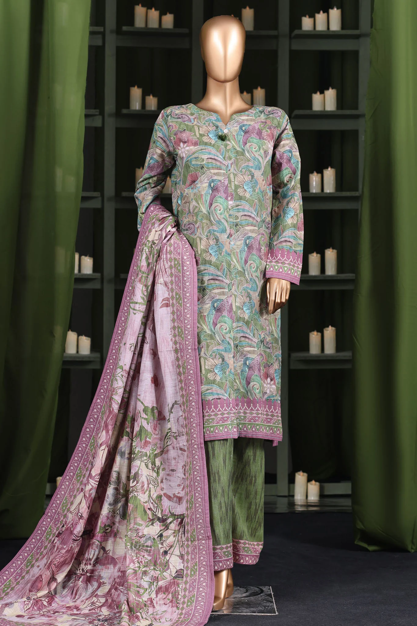 Hz Stitched 3 Piece Digital Printed Khaddar Vol-03 Suit-KPT-2569-Green
