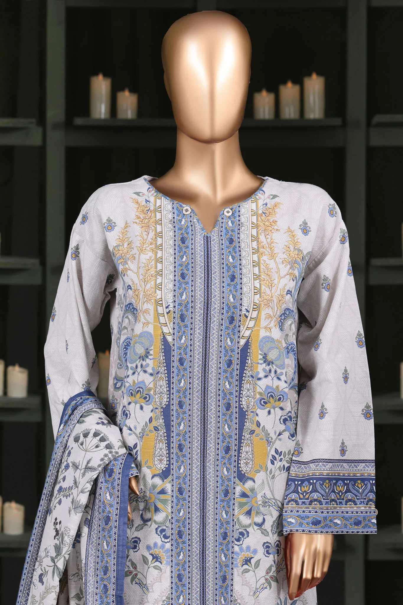 Hz Stitched 3 Piece Digital Printed Khaddar Vol-03 Suit-KPT-2575-White - Image 2
