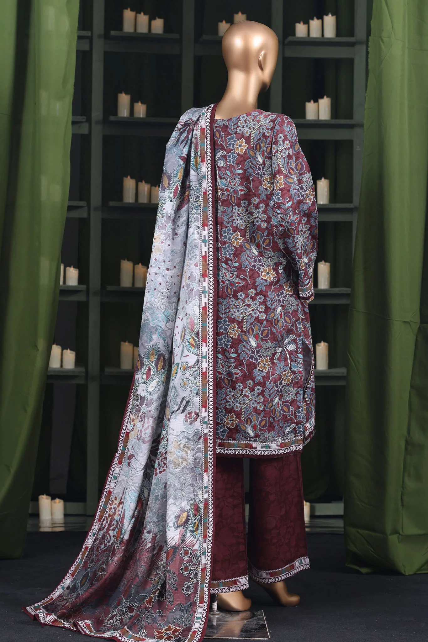 Hz Stitched 3 Piece Digital Printed Khaddar Vol-03 Suit-KPT-2576-Maroon - Image 3