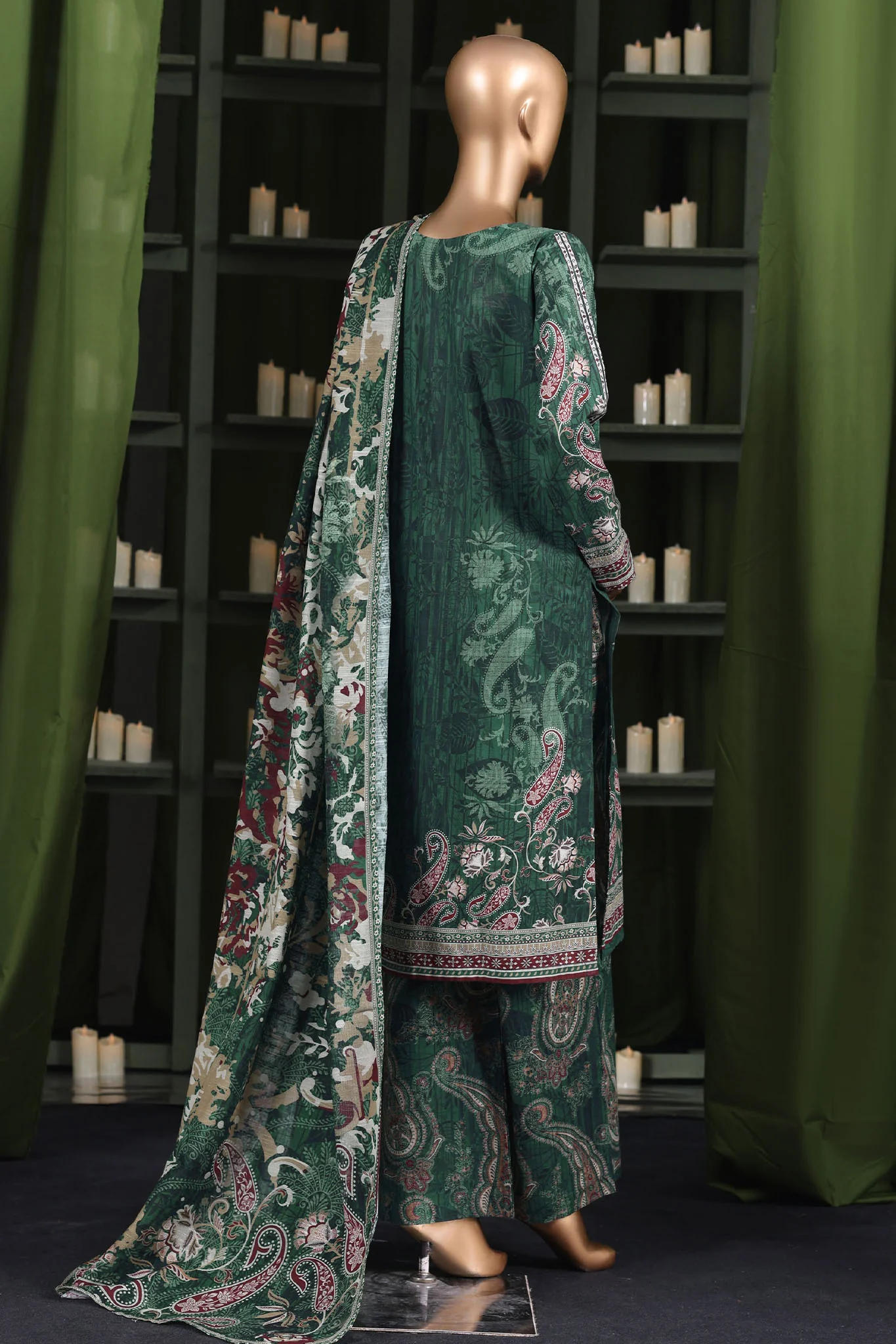 Hz Stitched 3 Piece Digital Printed Khaddar Vol-03 Suit-KPT-2582-Green - Image 3