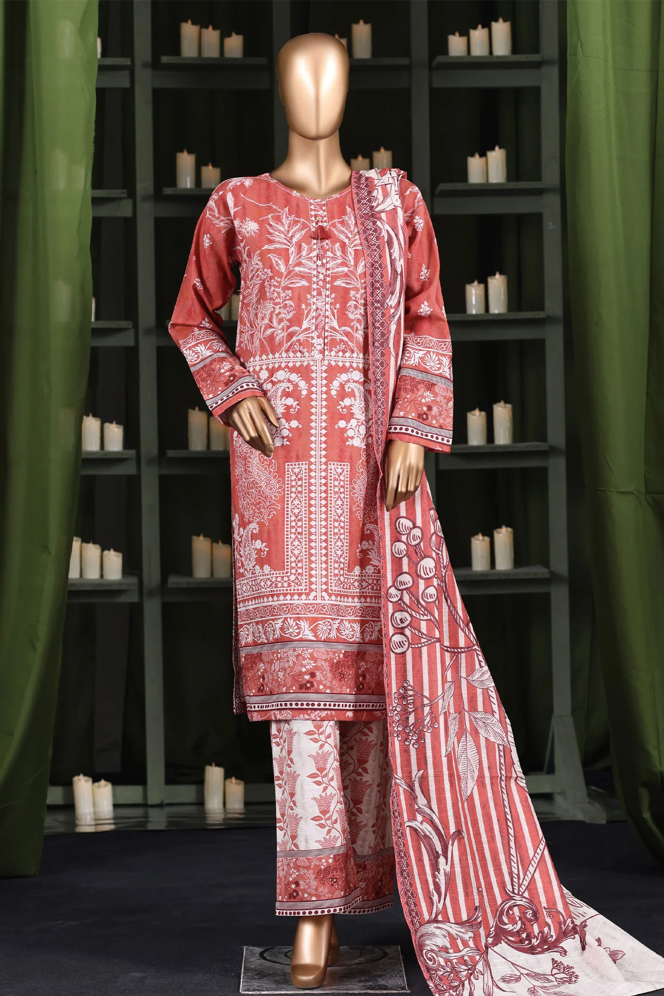 Hz Stitched 3 Piece Digital Printed Khaddar Vol-03 Suit-KPT-2583-Orange