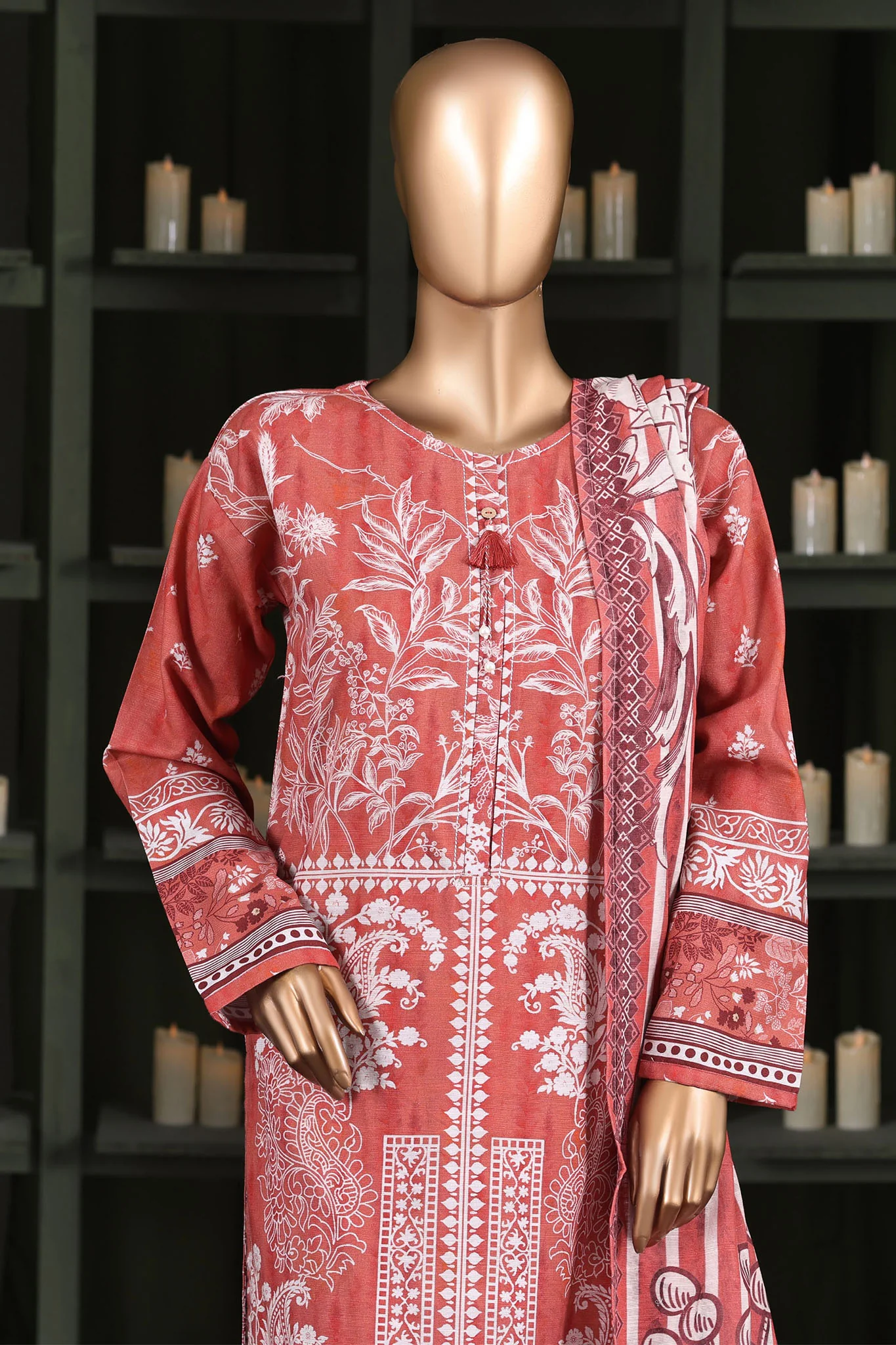 Hz Stitched 3 Piece Digital Printed Khaddar Vol-03 Suit-KPT-2583-Orange - Image 2