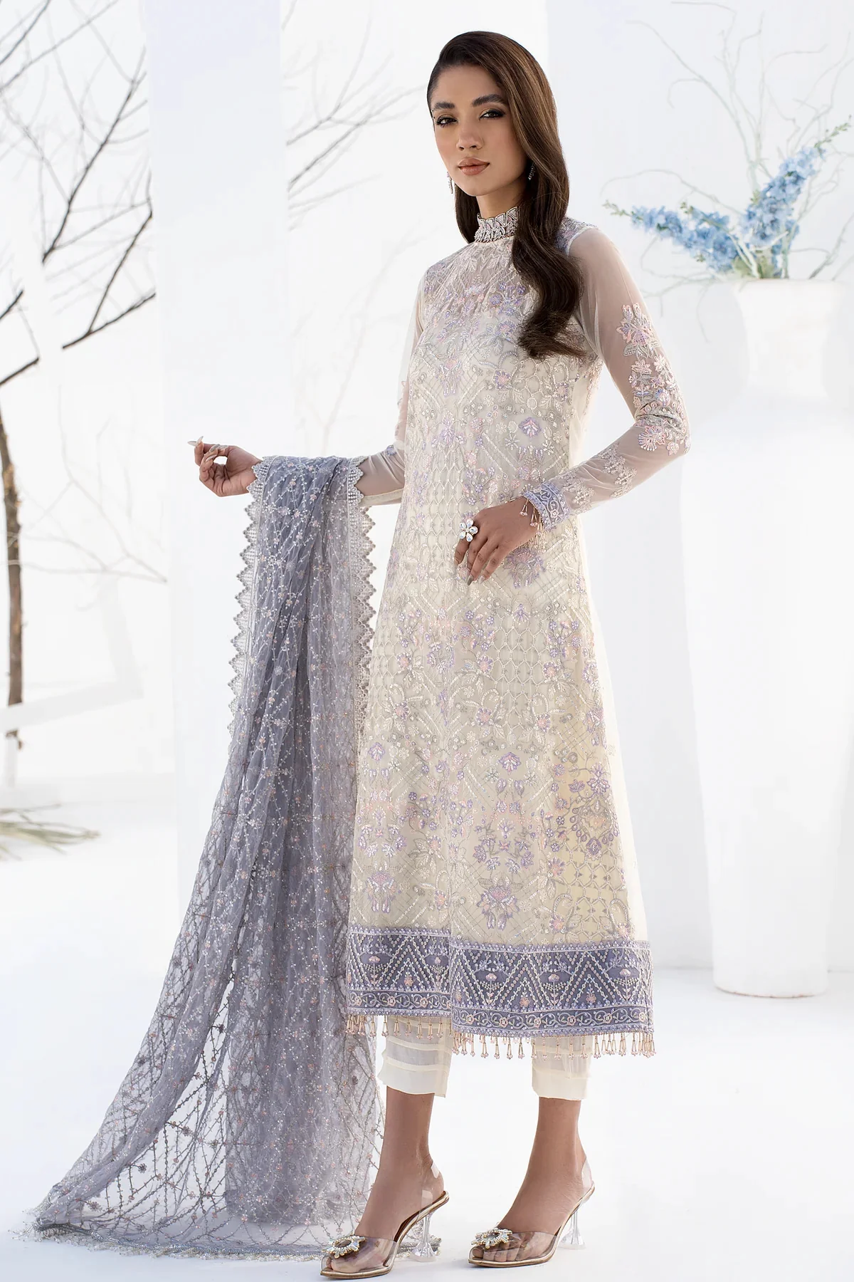 La Celeste by Zarif Unstitched Luxury Formal Suit ZLC 02 PEARL WHITE - Image 4