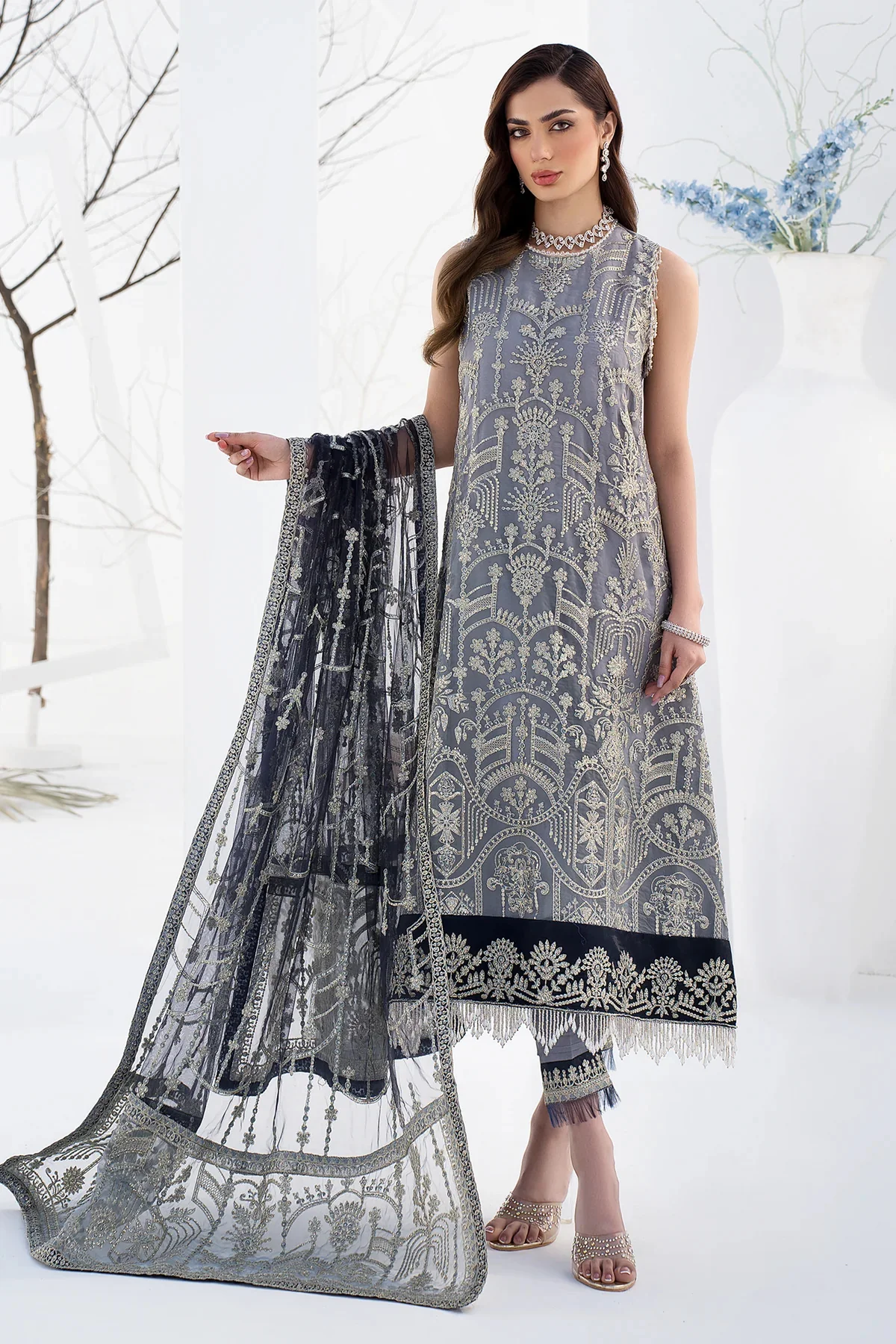 La Celeste by Zarif Unstitched Luxury Formal Suit ZLC 05 ASH GREY - Image 2