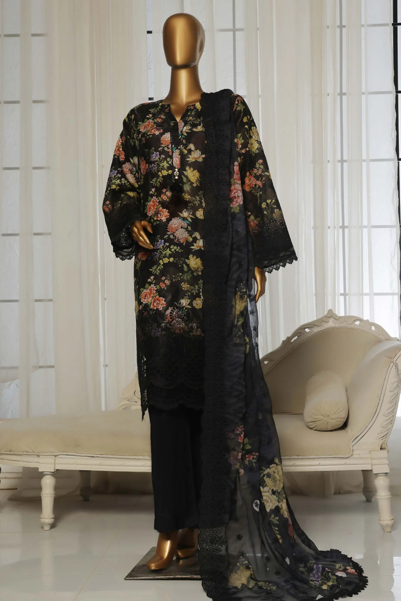 Laser Fusion By Sada Bahar Stitched 3 Piece Chikankari Suit-CKP-Black