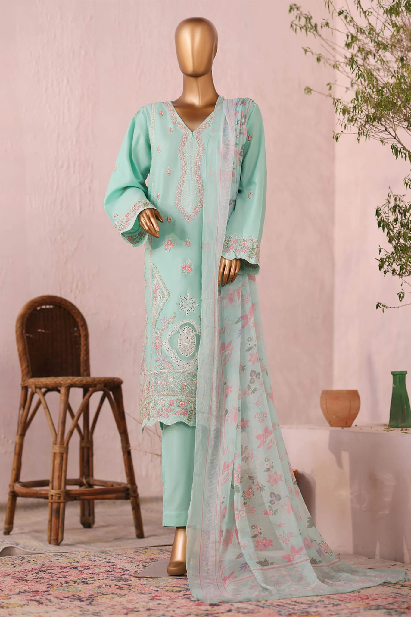Bin Saeed Stitched 3 Piece Luxury Plain Cotton Suit-LF-2480-Green - Image 4