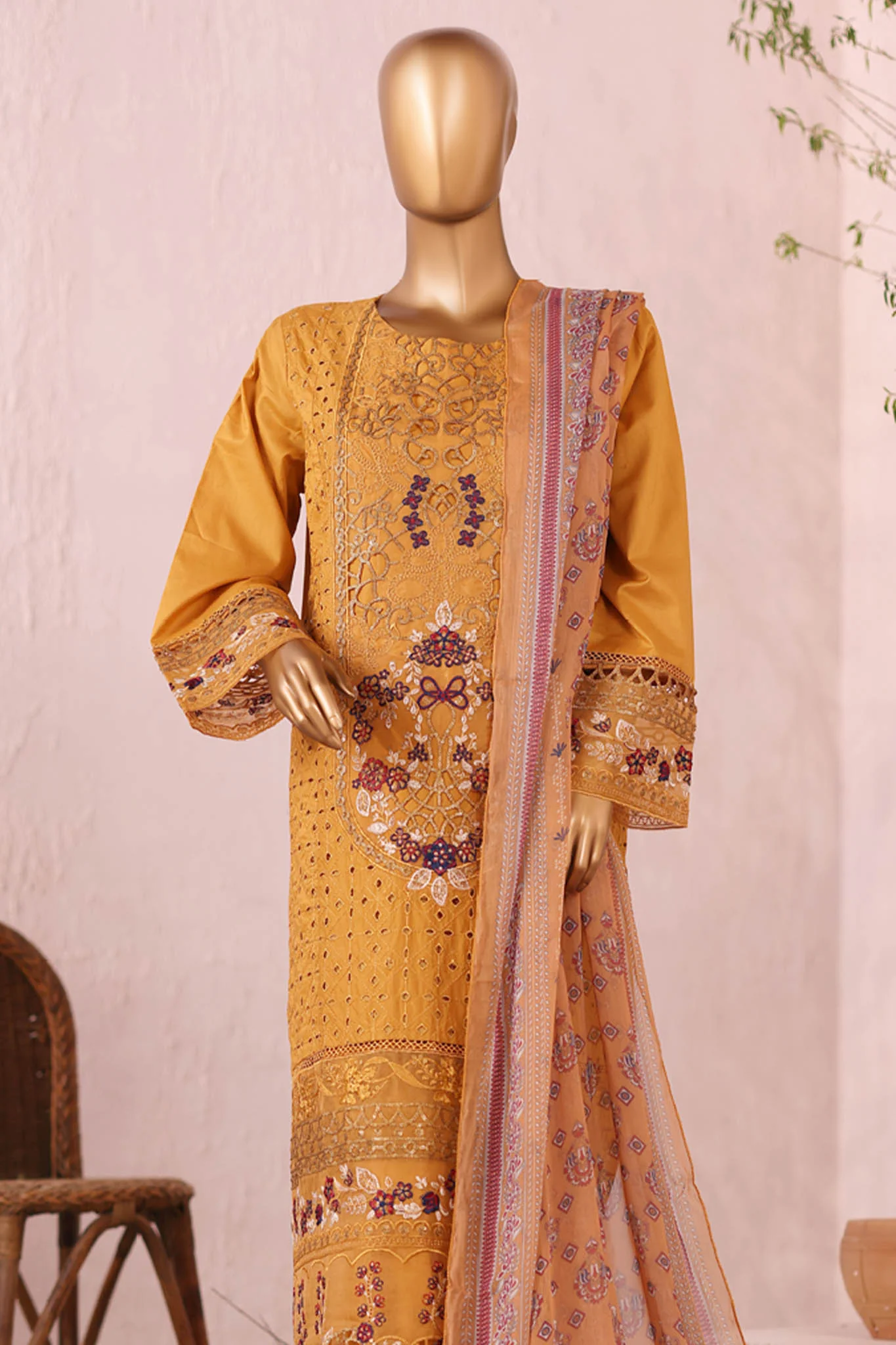 Bin Saeed Stitched 3 Piece Luxury Plain Cotton Suit-LF-2482-Mustard - Image 2