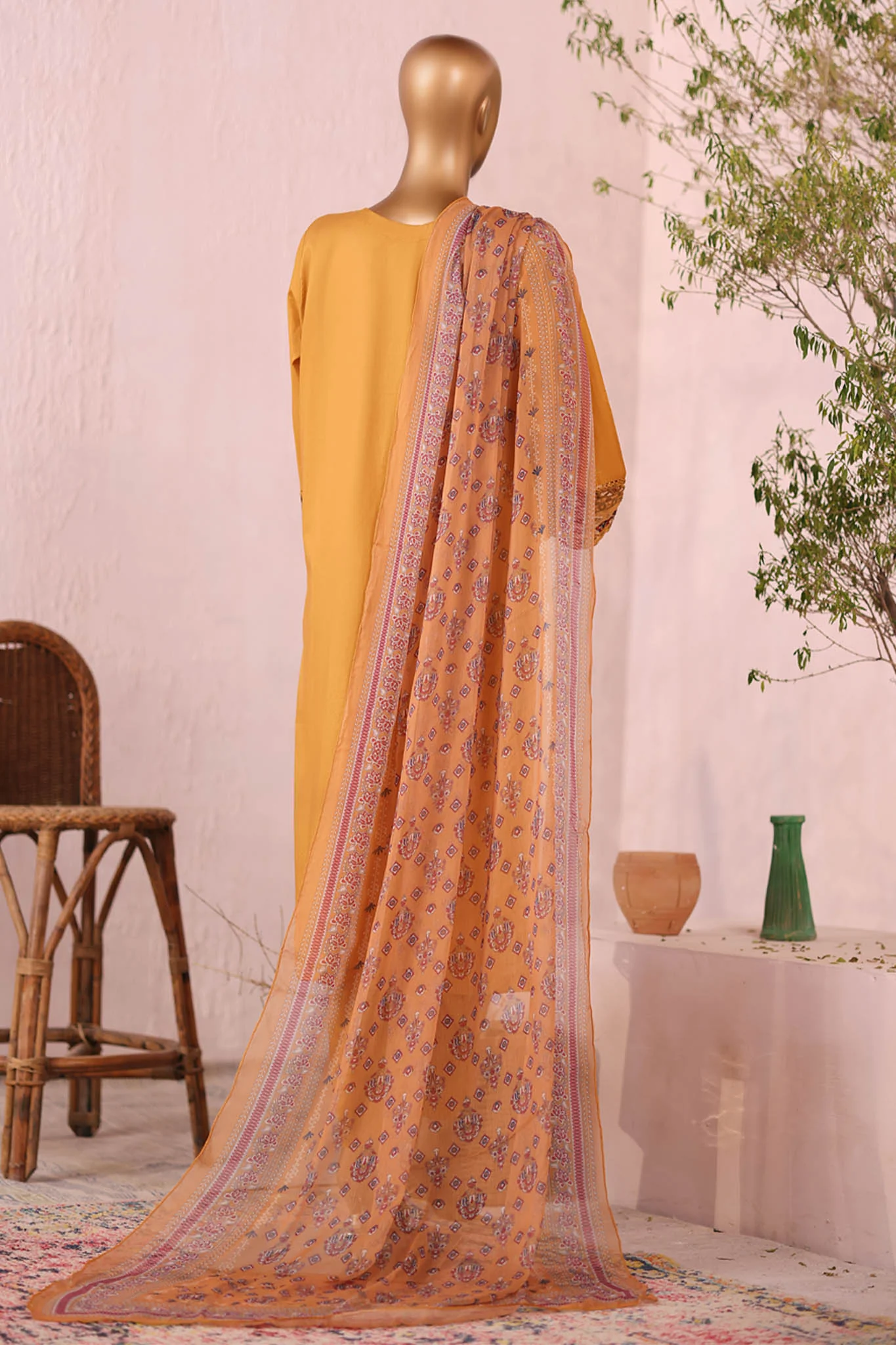 Bin Saeed Stitched 3 Piece Luxury Plain Cotton Suit-LF-2482-Mustard - Image 3