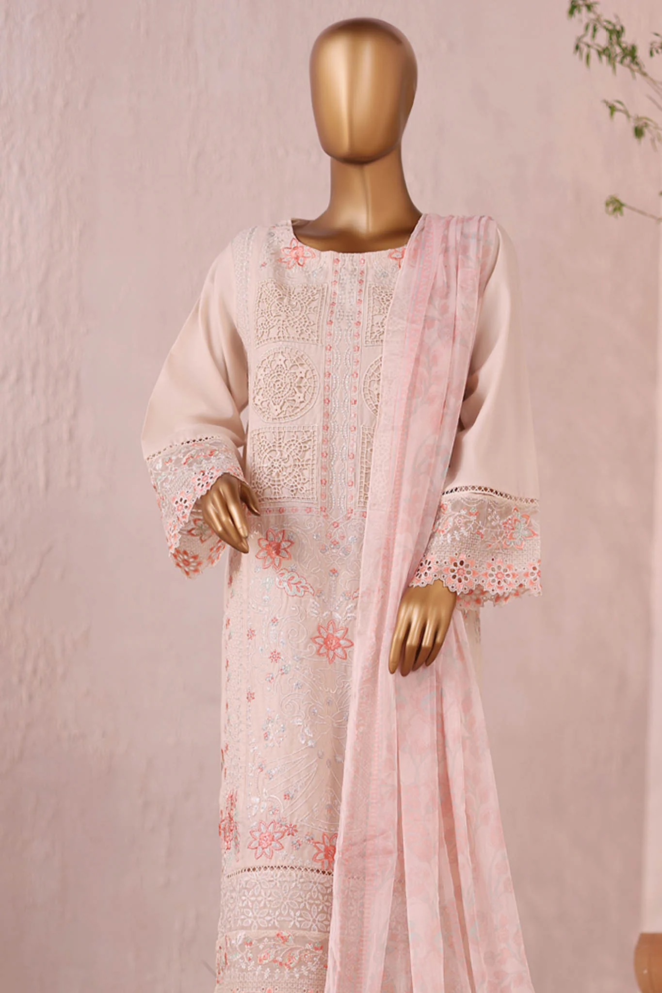 Bin Saeed Stitched 3 Piece Luxury Plain Cotton Suit-LF-2484-Skin - Image 2