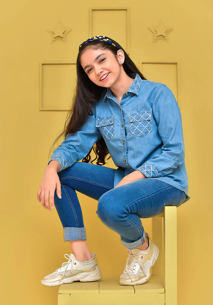 Ochre Clothing Light Blue Denim Top - Image 2