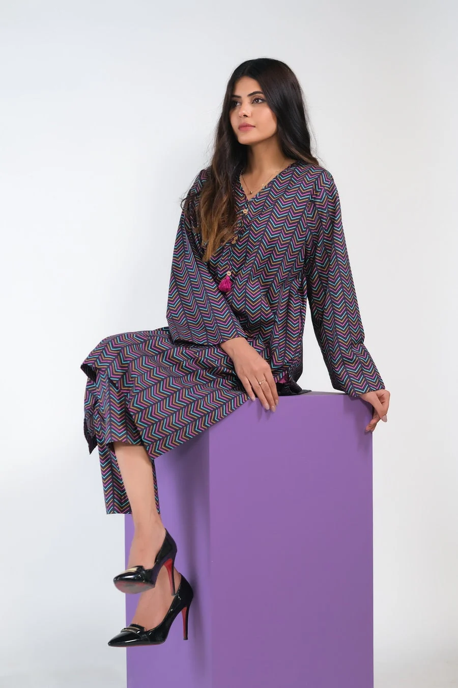 Sprinkles Stitched 2 Piece Summer Co Ord Sets Women Suit-Linear Chevron - Cambric