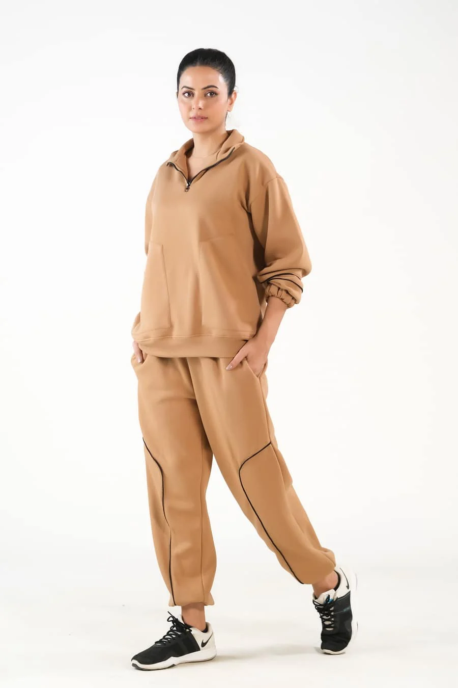 Sprinkles Stitched 2 Piece Winter Co Ord Sets Women Suit-Linear Coffee Brown - 2pcs?Co-Ord?Set - Image 5
