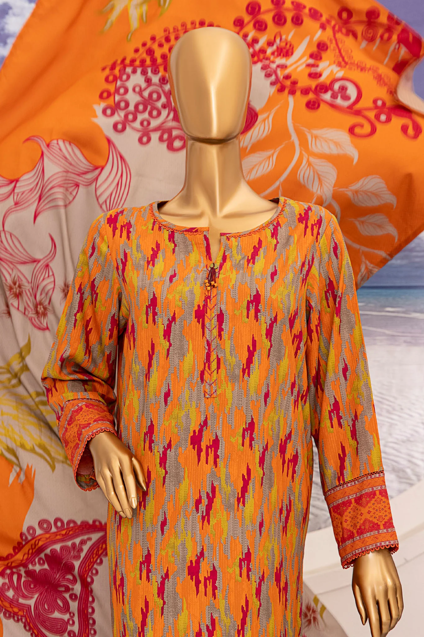 Linen Wintry By HZ Unstitched 3 Piece Printed Linen Vol-02 Suit-LWS-1155-Orange - Image 2