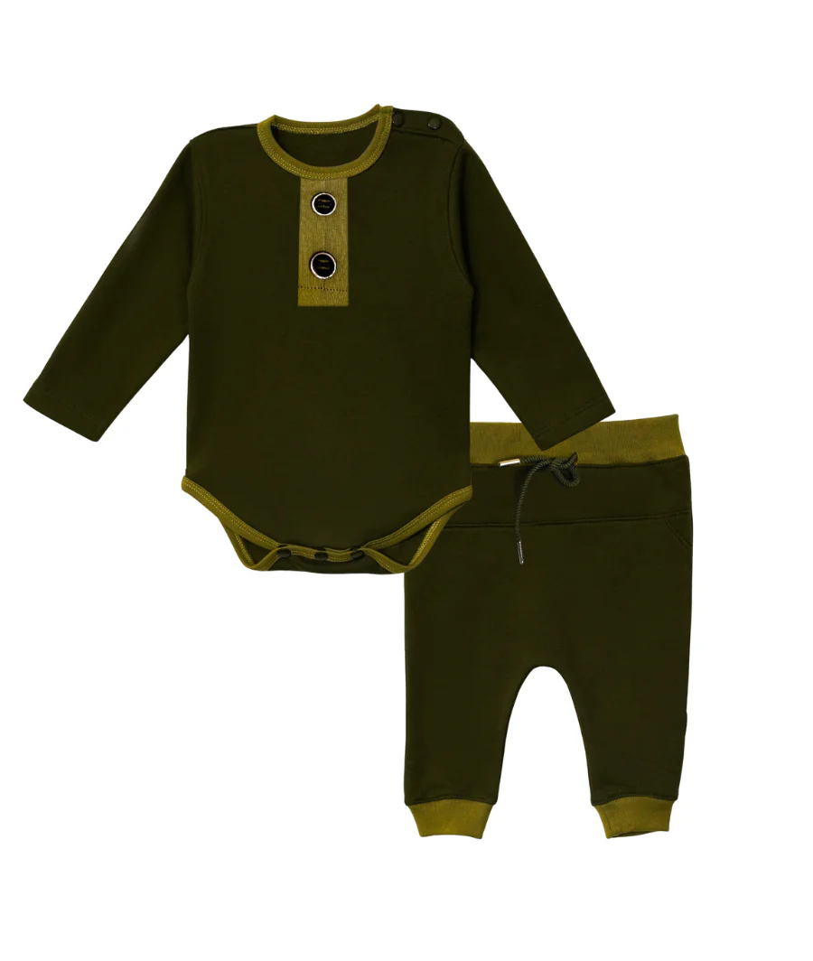 Little Bundles Stitched Kids Suit-Olive Romper Set
