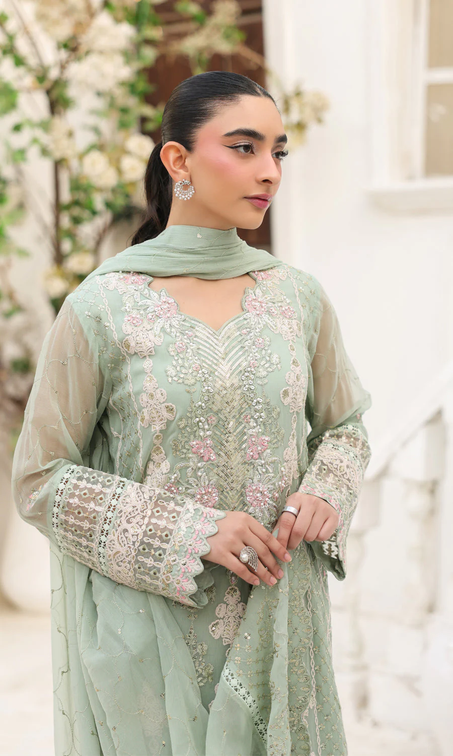 Lamhay By Shamooz Unstitched 3 Piece Luxury Chiffon Formals Suit-Lime Green SU-157 - Image 5