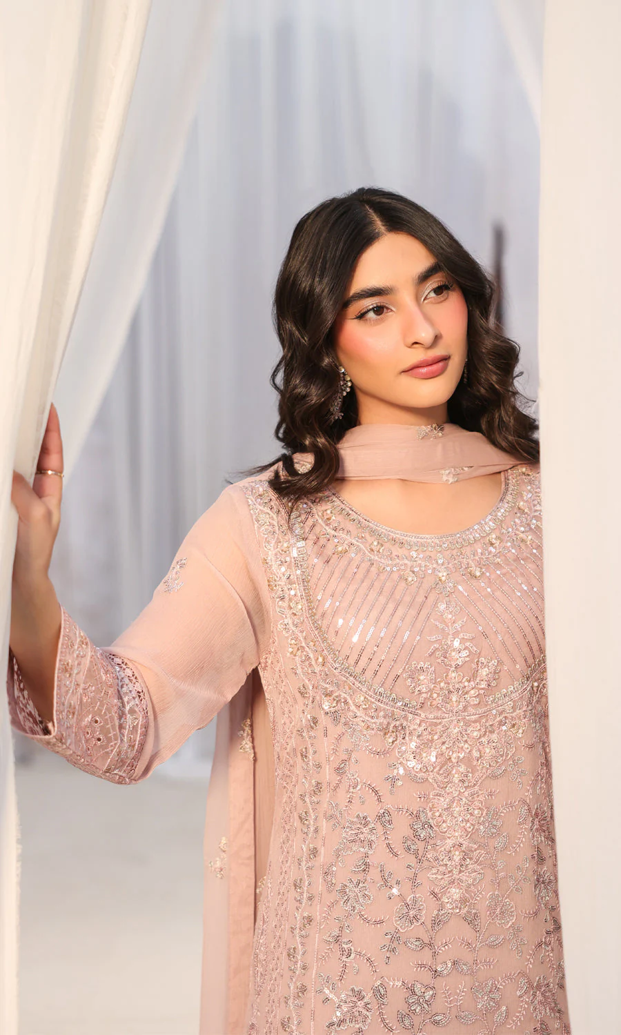 Lamhay By Shamooz Unstitched 3 Piece Luxury Chiffon Formals Suit-Tea Rose SU-158 - Image 3