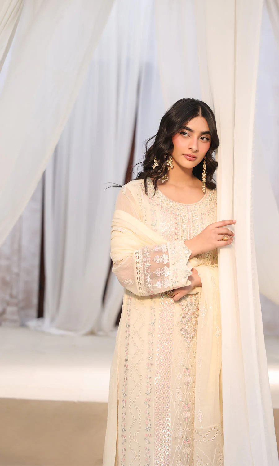 Lamhay By Shamooz Unstitched 3 Piece Luxury Chiffon Formals Suit-Soft Ivory SU-159 - Image 5