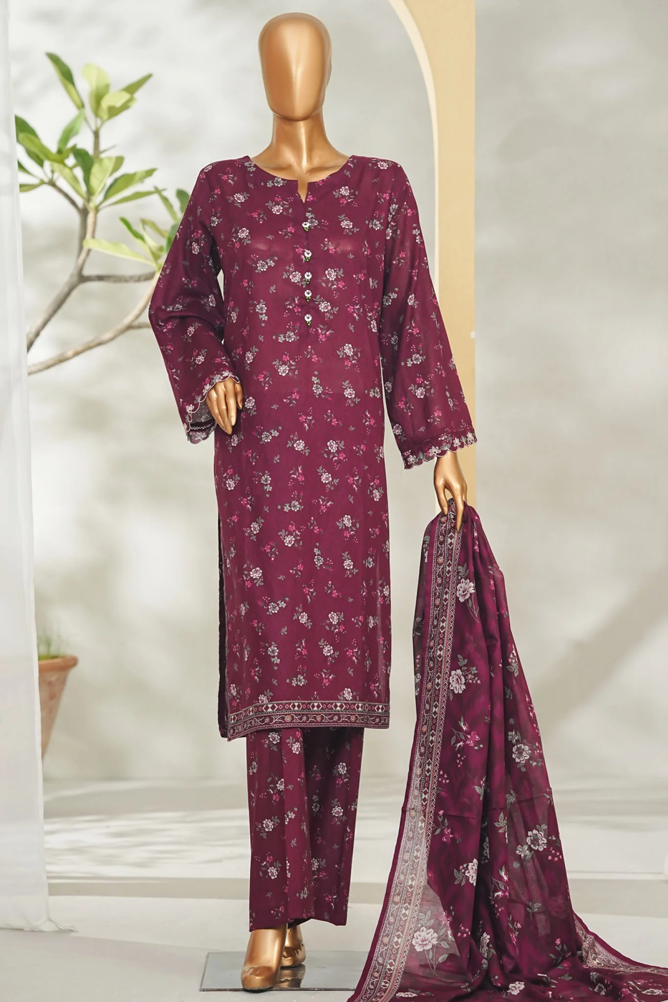 Bin Saeed Stitched 3 Piece Exclusive Printed Lawn Vol-01 Suit-LSM-2613 MAROON