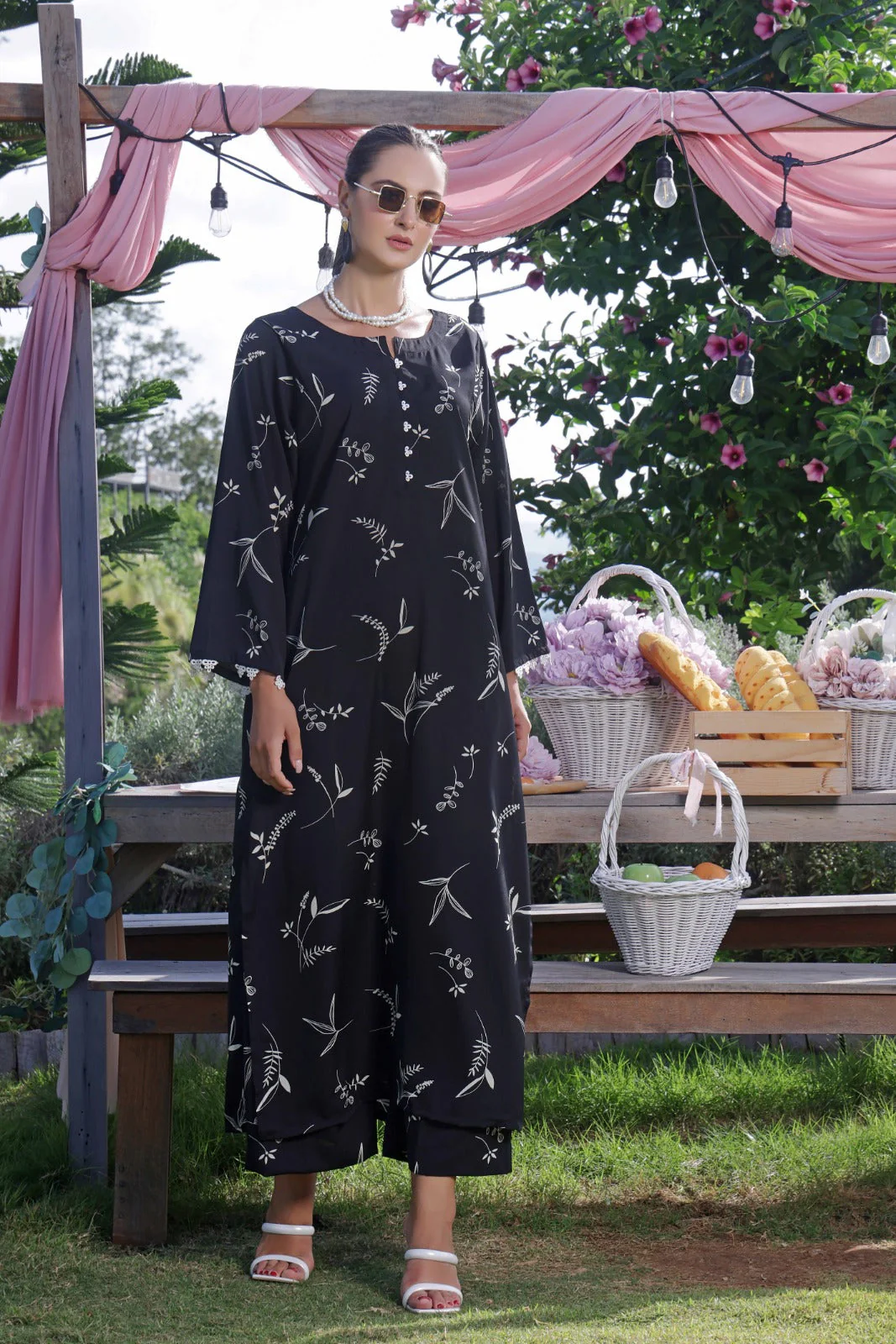 Luxe Noir by Madiha Gohar Stitched Summer Suit-Ebony Flora
