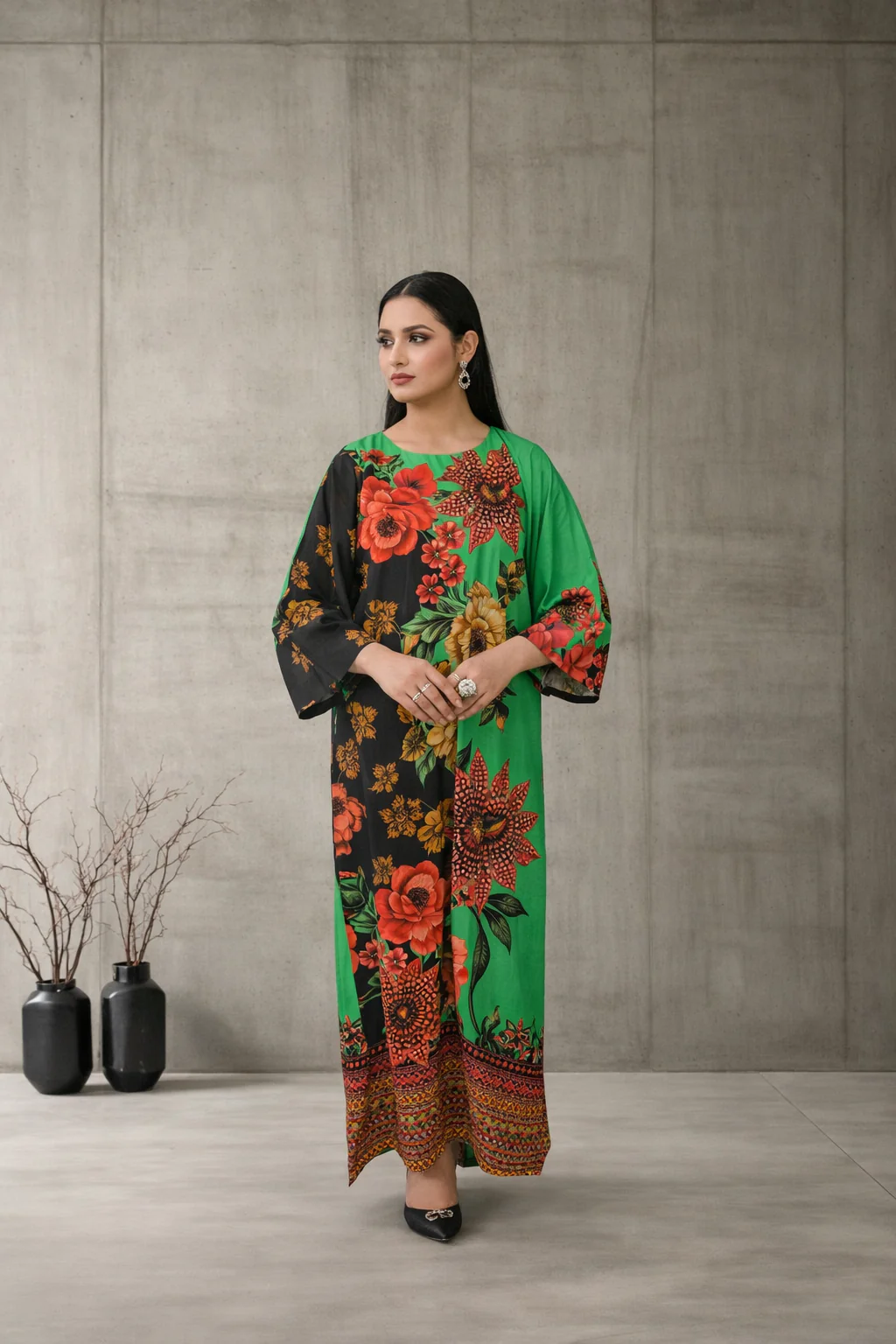 MG Casuals by Madiha Gohar Stitched Summer Suit-Emerald - Green & Black Kaftan - Image 5