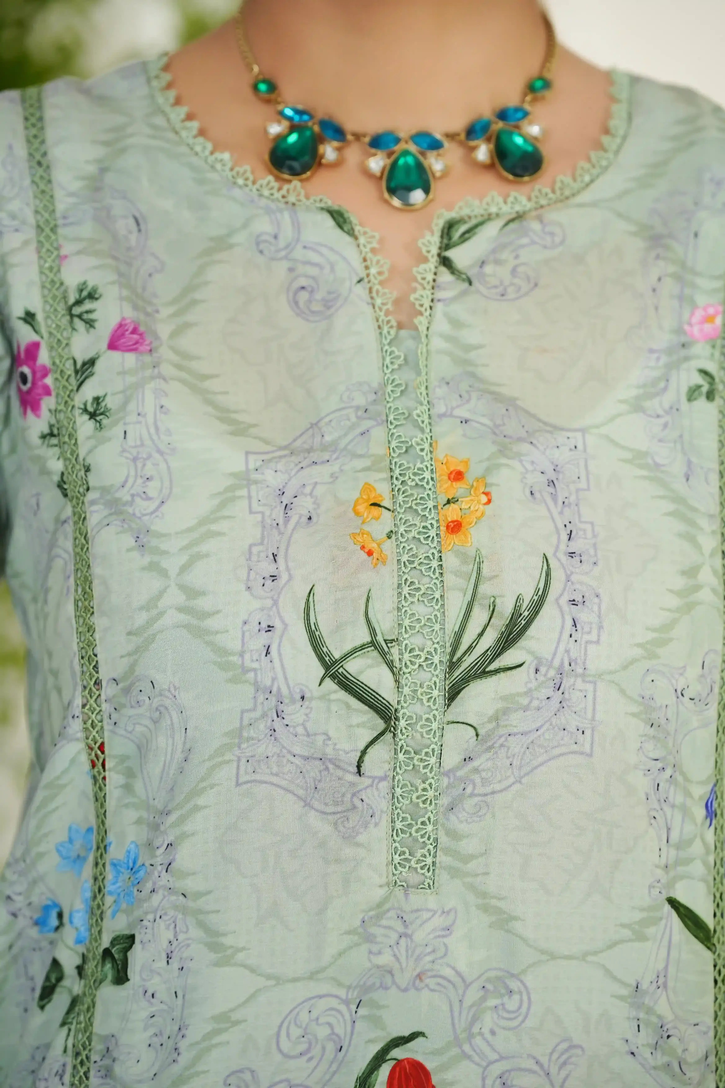 Serena by Madiha Gohar Unstitched Summer Suit-Pistachio Bloom(Unstitched) - Image 12