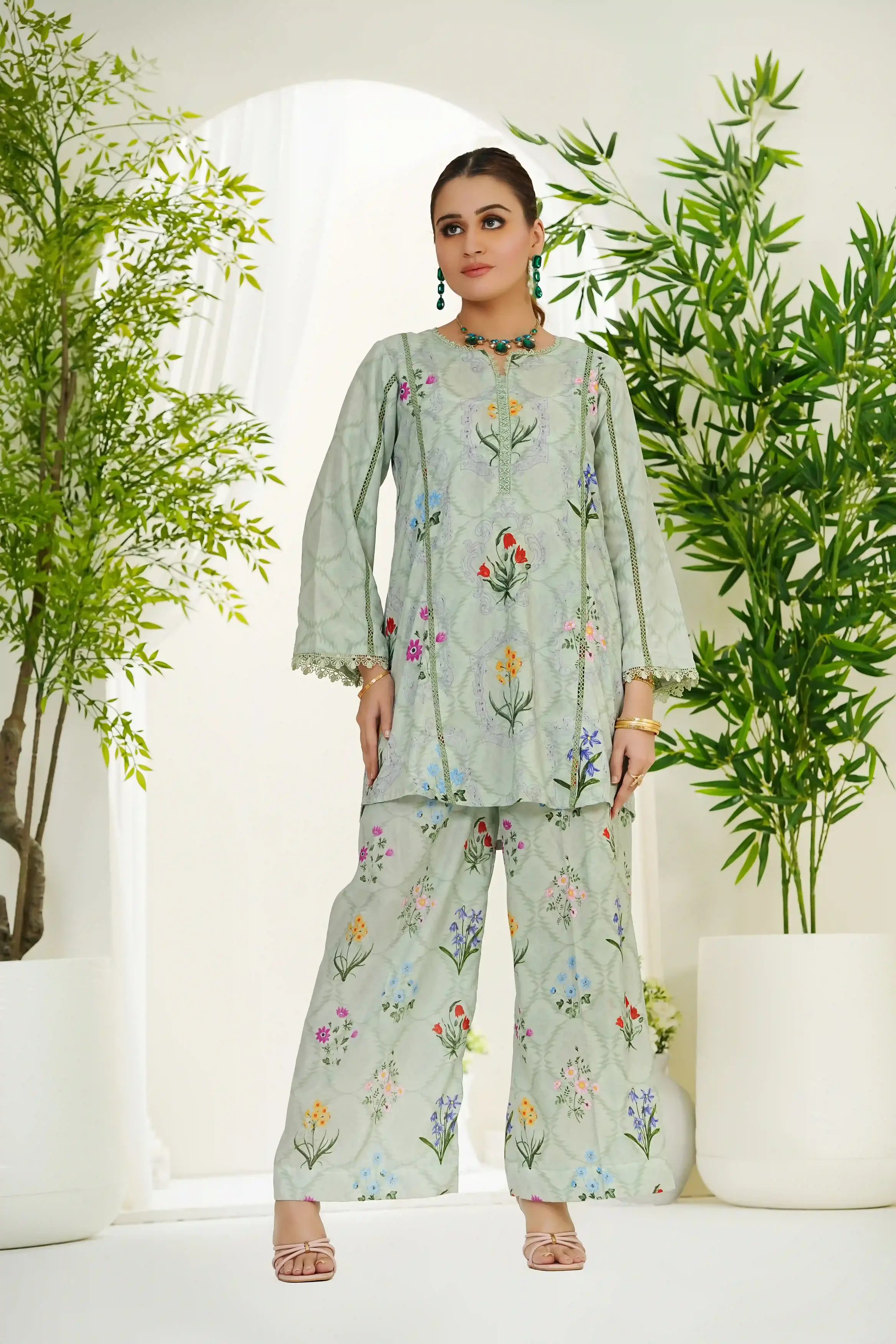 Serena by Madiha Gohar Unstitched Summer Suit-Pistachio Bloom(Unstitched) - Image 9