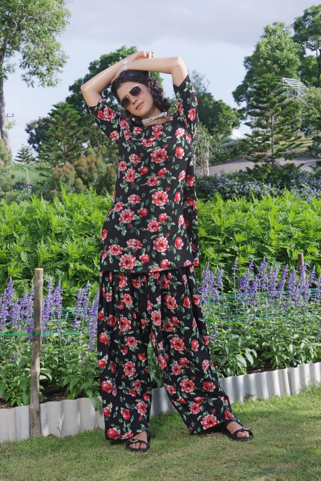 Luxe Noir by Madiha Gohar Stitched Summer Suit-Ruby Bloom Farshi Shalwar - Image 3