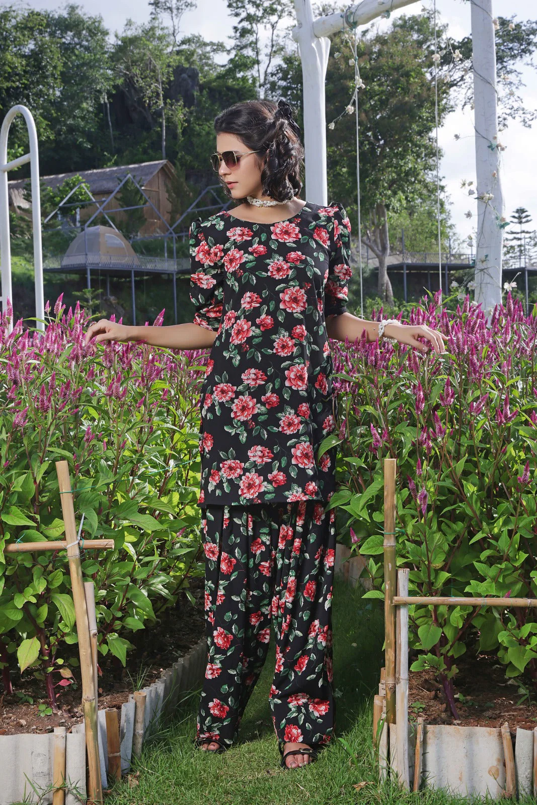 Luxe Noir by Madiha Gohar Stitched Summer Suit-Ruby Bloom Farshi Shalwar - Image 5