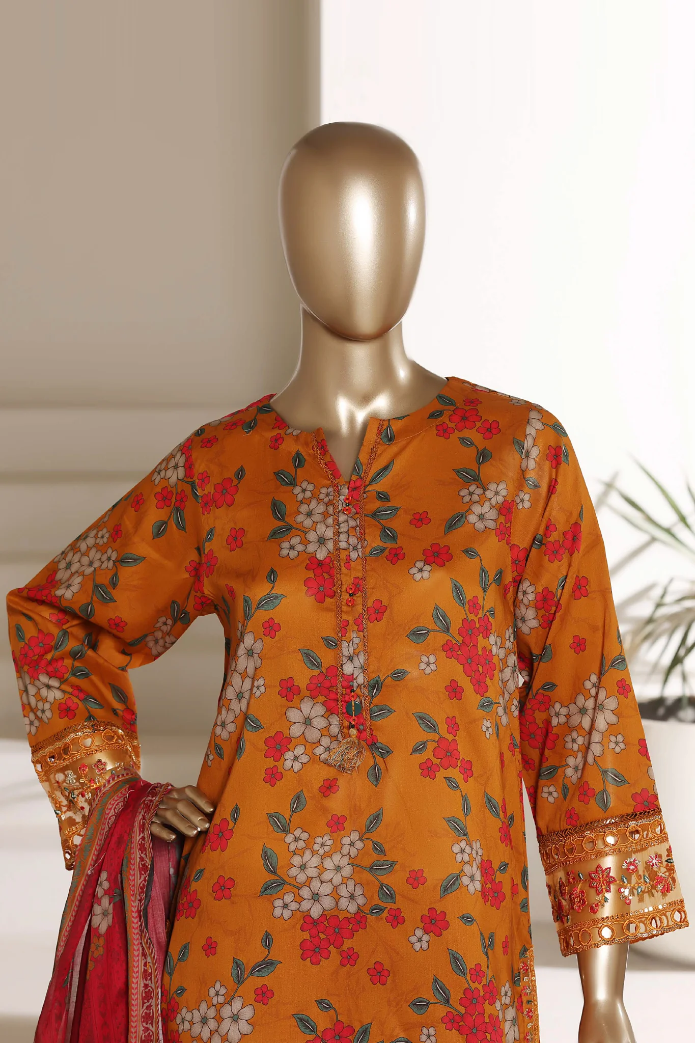 Malika By Sada Bahar Stitched 3 Piece Emb Lawn With Shalwar Suit-D-5066-GOLDEN - Image 2