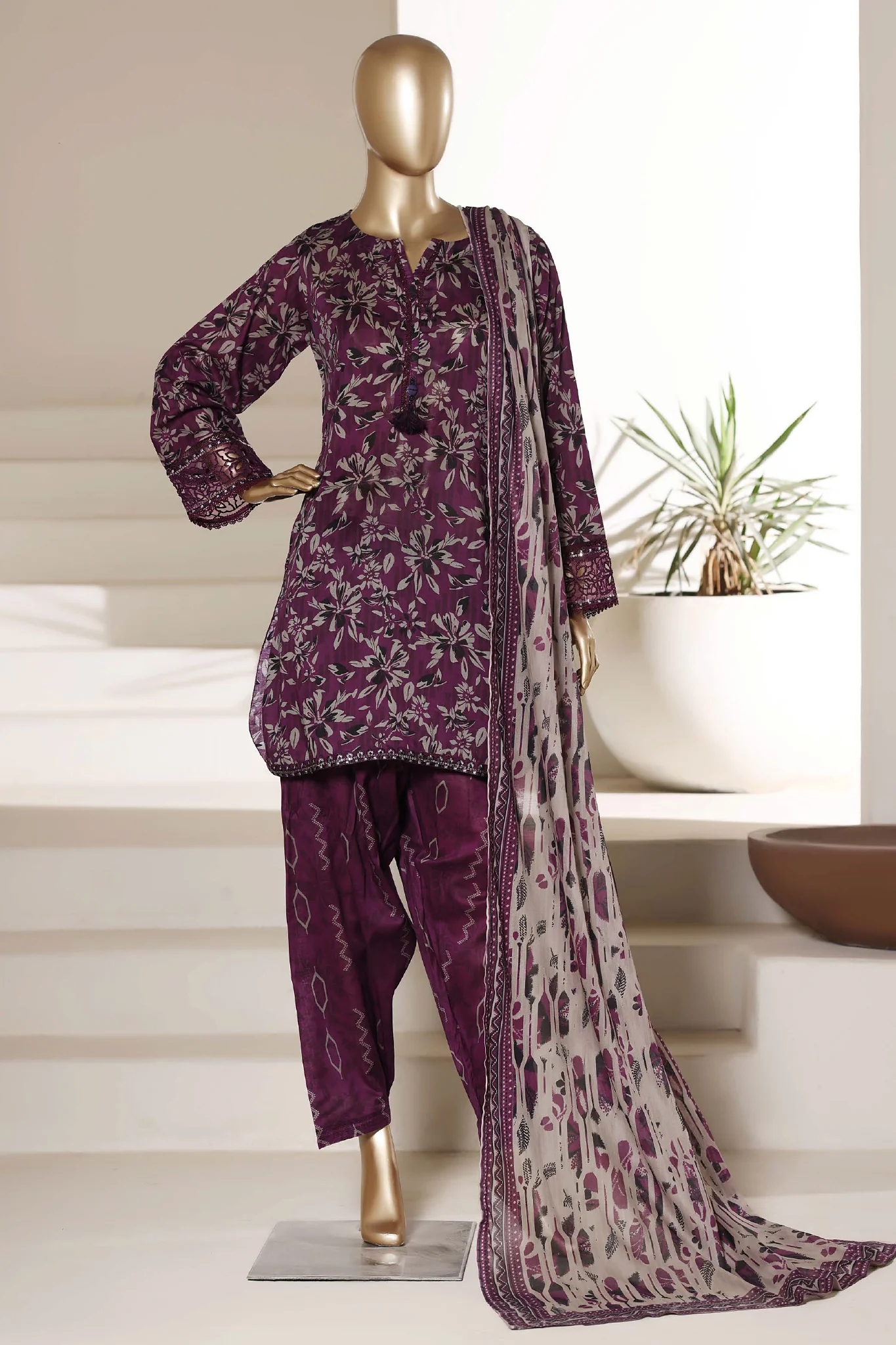 Malika By Sada Bahar Stitched 3 Piece Emb Lawn With Shalwar Suit-D-5076-PURPLE