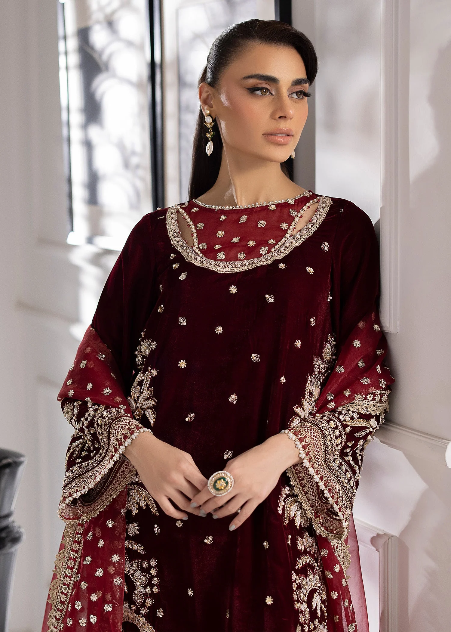La More Unstitched 3 Piece Festive Formals Suit-Maroon Muse - Image 2