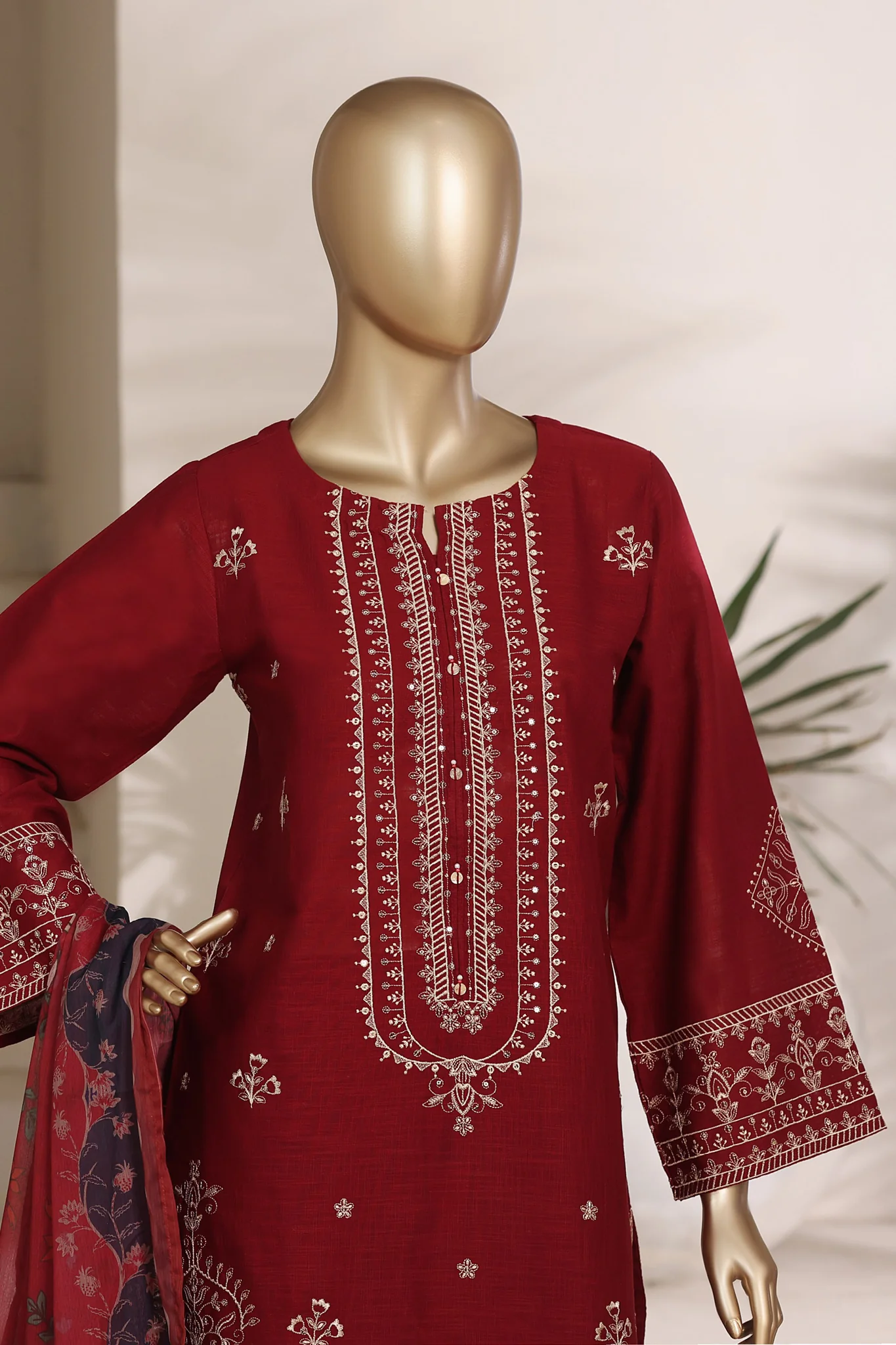 Sada Bahar Stitched 3 Piece Festive Co Ords Emb Cotton Suit-MEK-259 RED - Image 2
