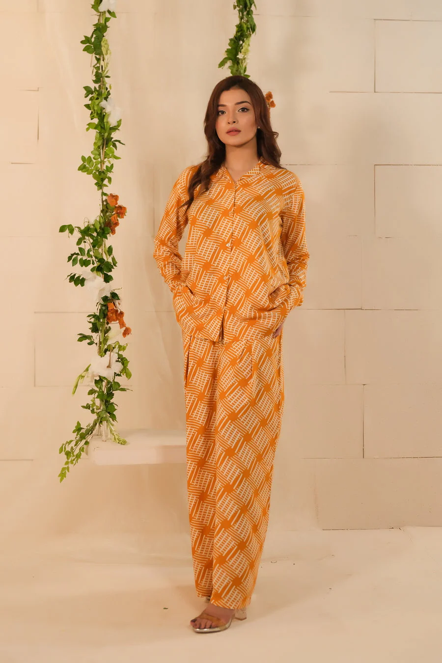 Sprinkles Stitched 2 Piece Summer Co Ord Sets Women Suit-Mellow Mustard 2 Pcs Ready to Wear Set