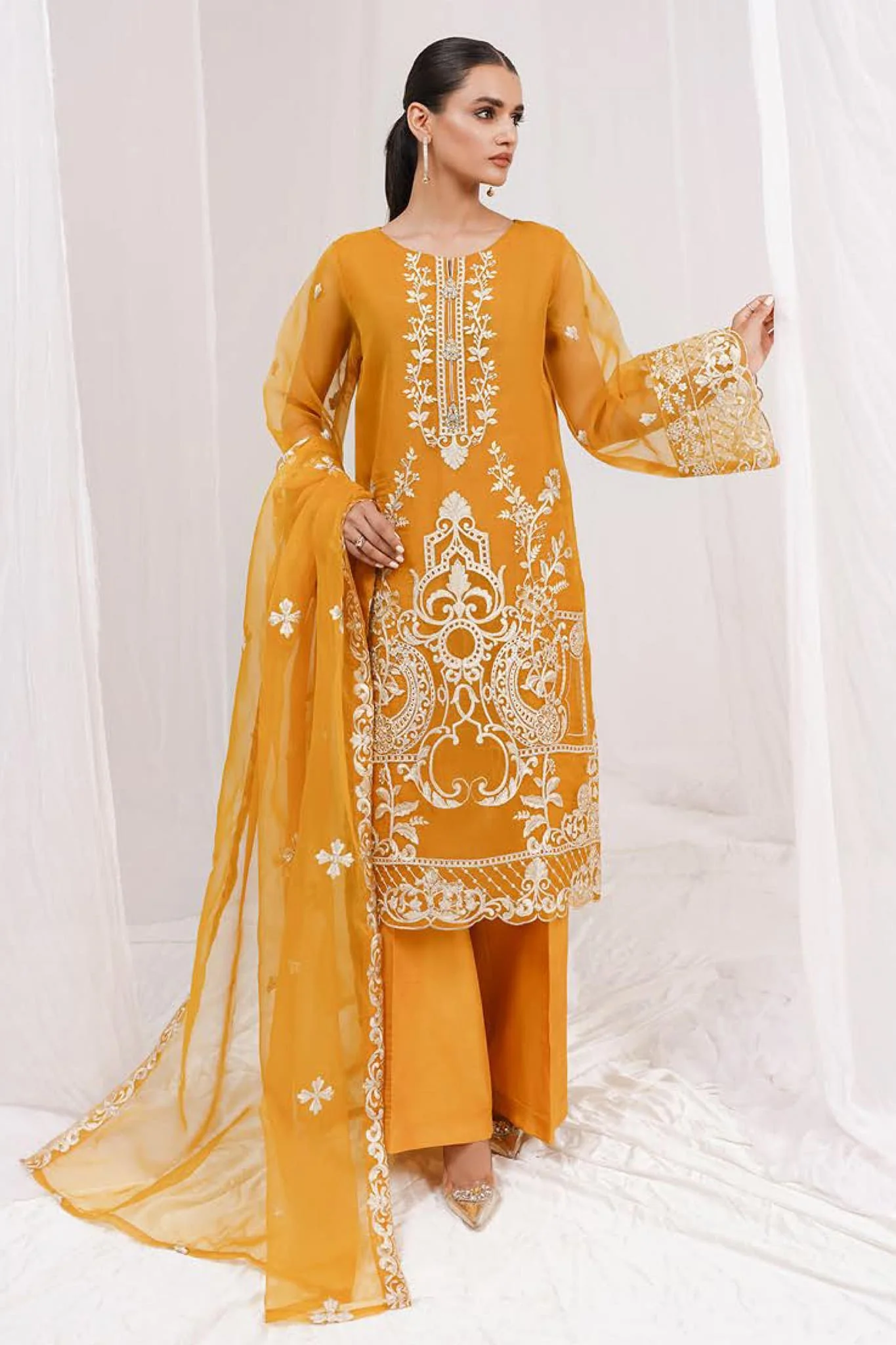 Mersin by Esra Stitched 2 Piece Festive Organza Suit-ME-02-Yellow