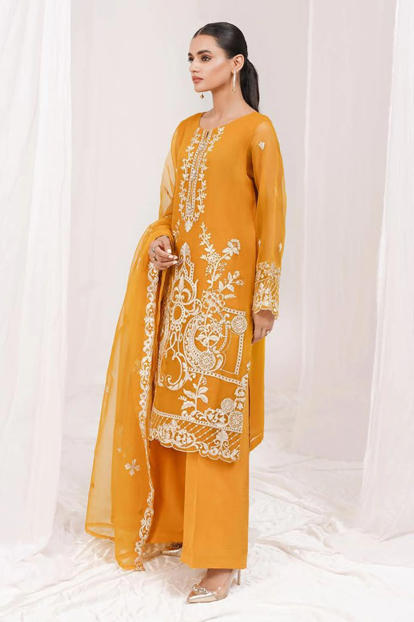 Mersin by Esra Stitched 2 Piece Festive Organza Suit-ME-02-Yellow - Image 2