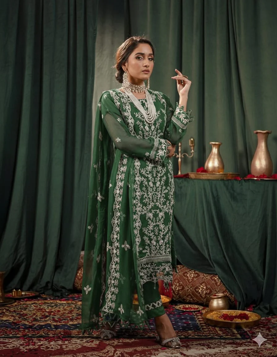 Umer Aayan 03-Piece Embroidered Dark Green Chiffon Suit - Image 4