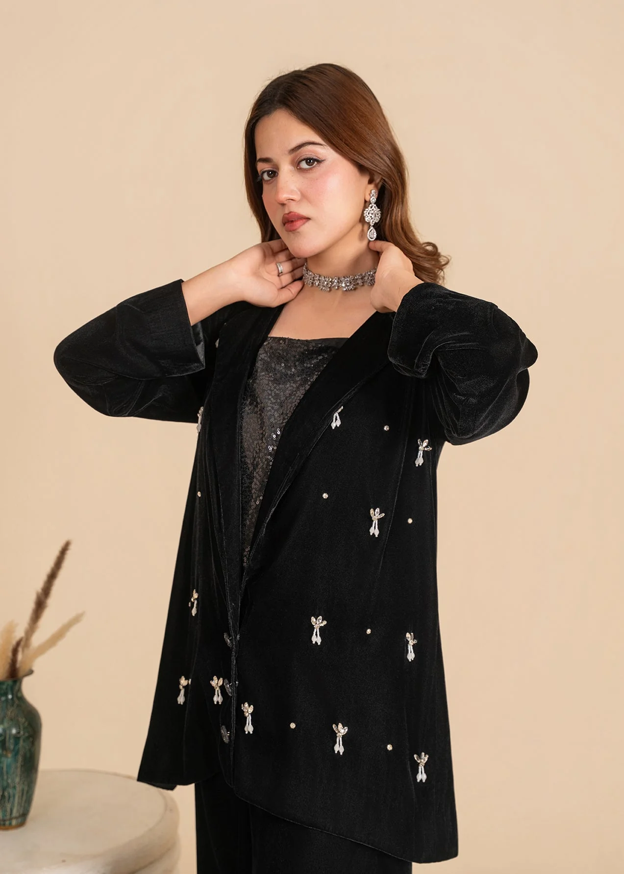 Luxe A Velvet Affair By Stitch Vibes Stitched Winter Suit-Midnight Spark Dress - Image 5