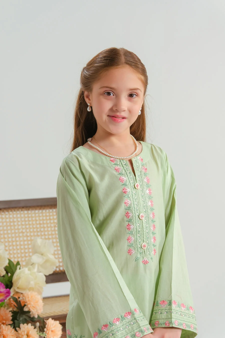 Sprinkles Stitched 2 Piece Summer Co Ord Sets Kids Suit-Mint Blossom Charm - 2pcs - Embroidered - Image 7