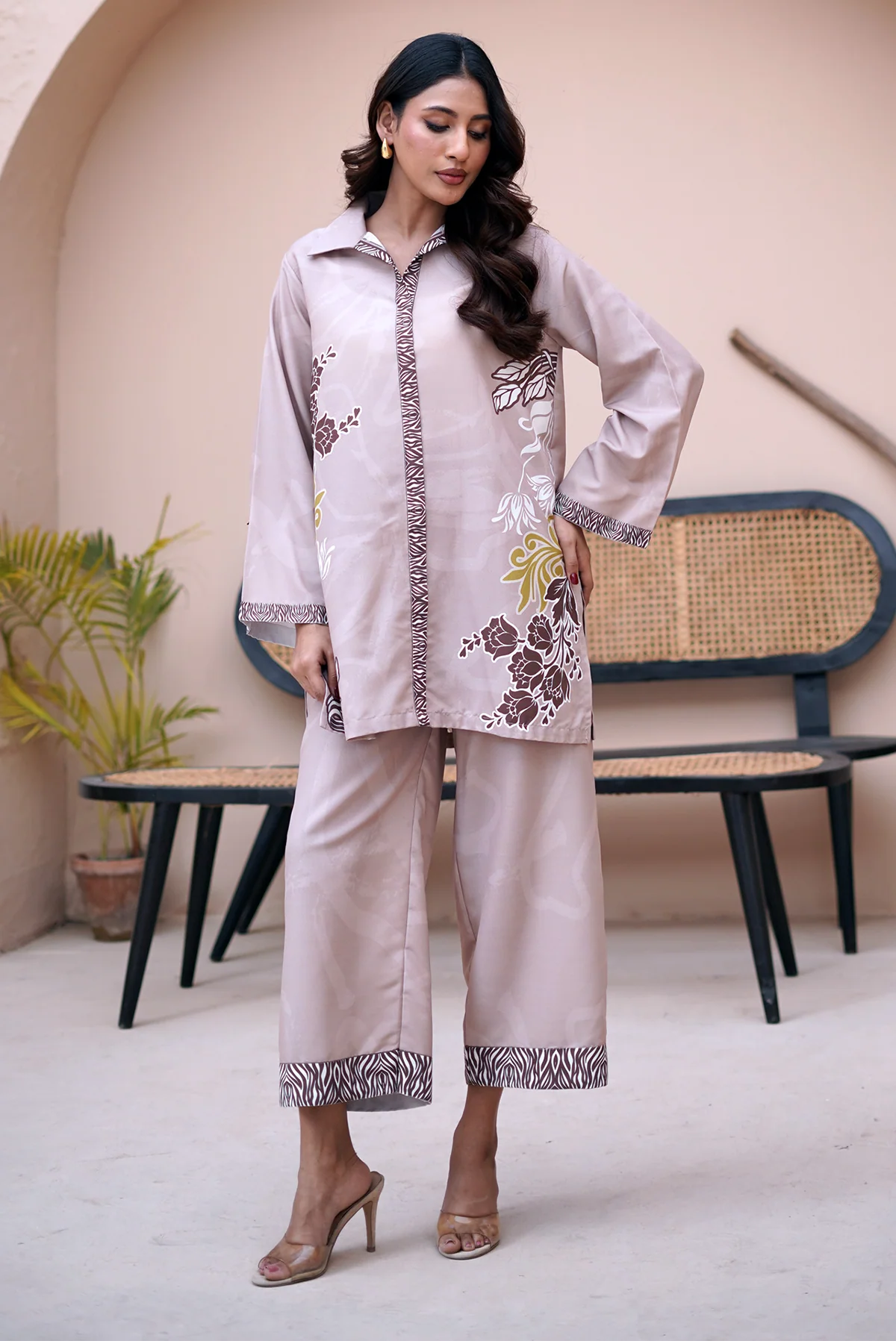 Nairah Stitched Co Ords Summer Suit-Mocha Flora - Image 6