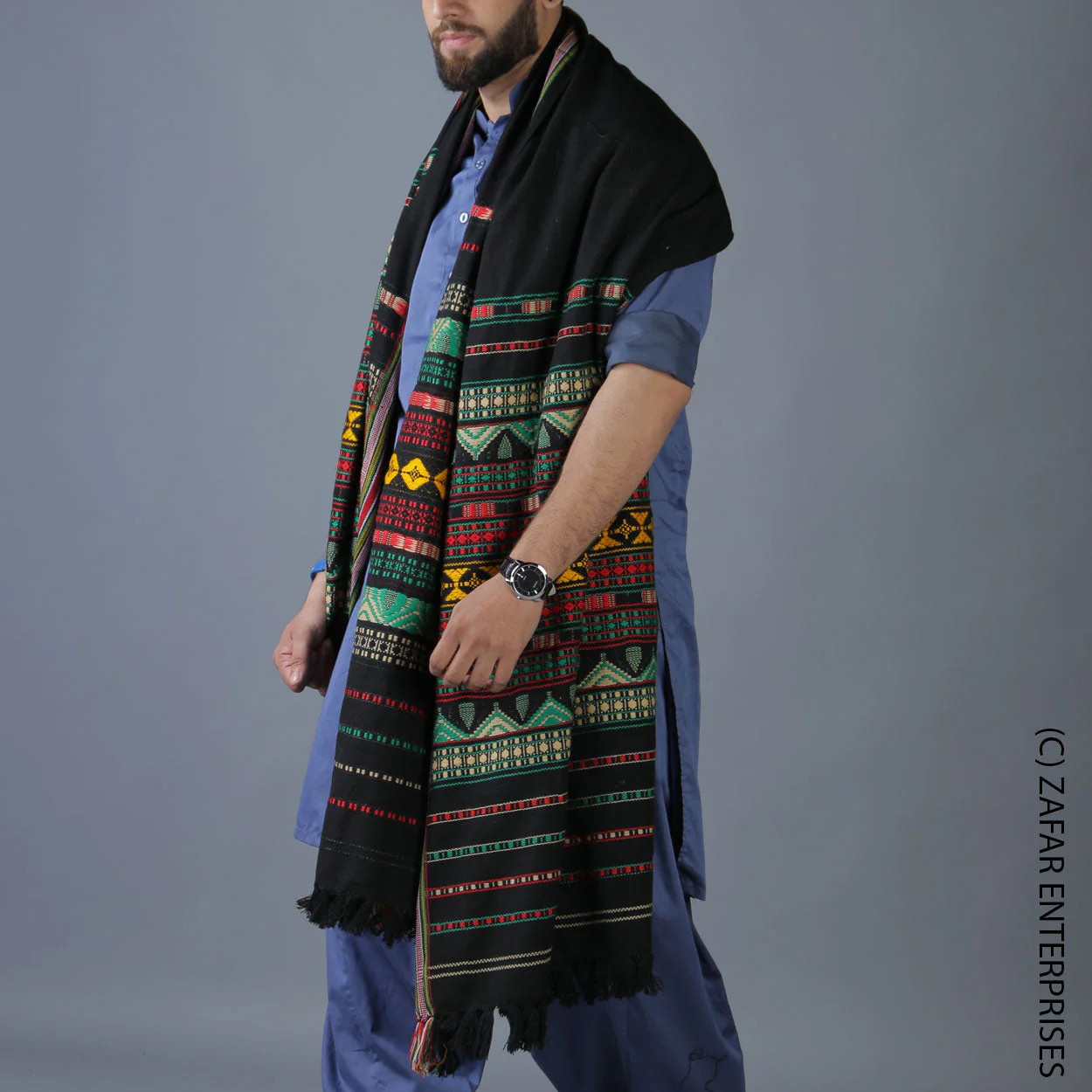 Kamaal Khan Multani Majesty: King-Sized Colorful Tharri Wadera Shawl for Men by Kamaal Khan - Image 3