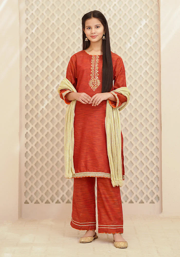 Ochre Clothing Multi Yarn Cotton Hand Adda Work 3 Pc Suit