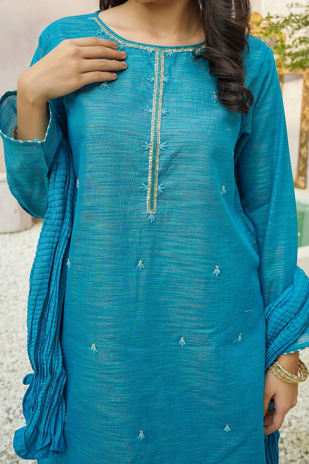 Ochre Clothing Multi Yarn Cotton Hand Adda Work 3 Pc Suit - Image 2