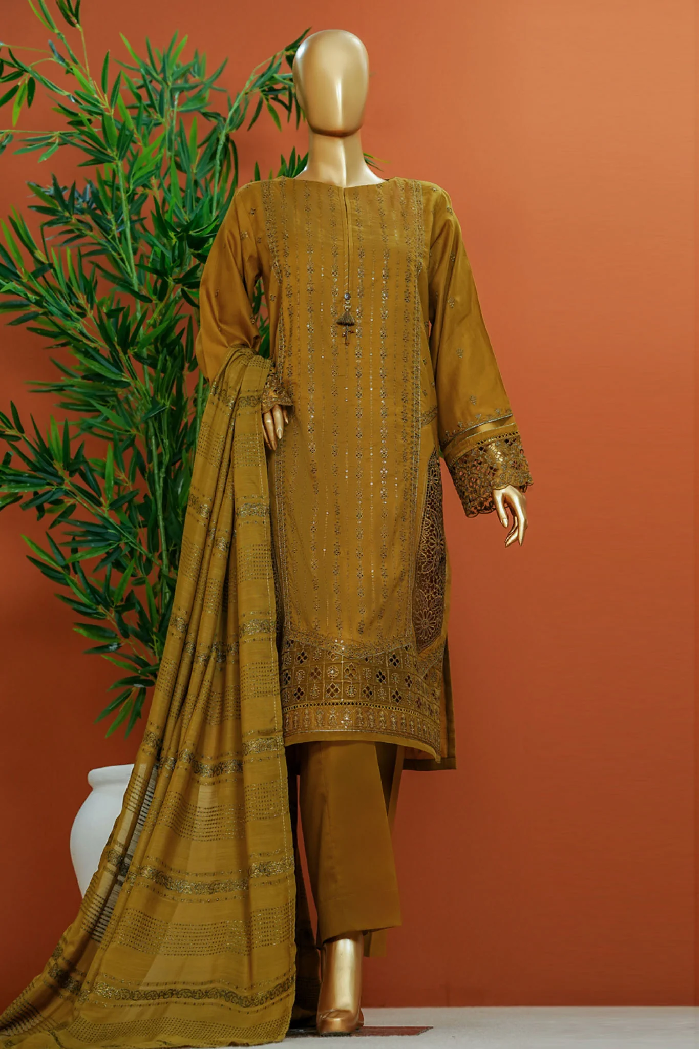 Muse By HZ Stitched 3 Piece Emb Cotton Slub Vol-01 Suit-SSE-101-Olive
