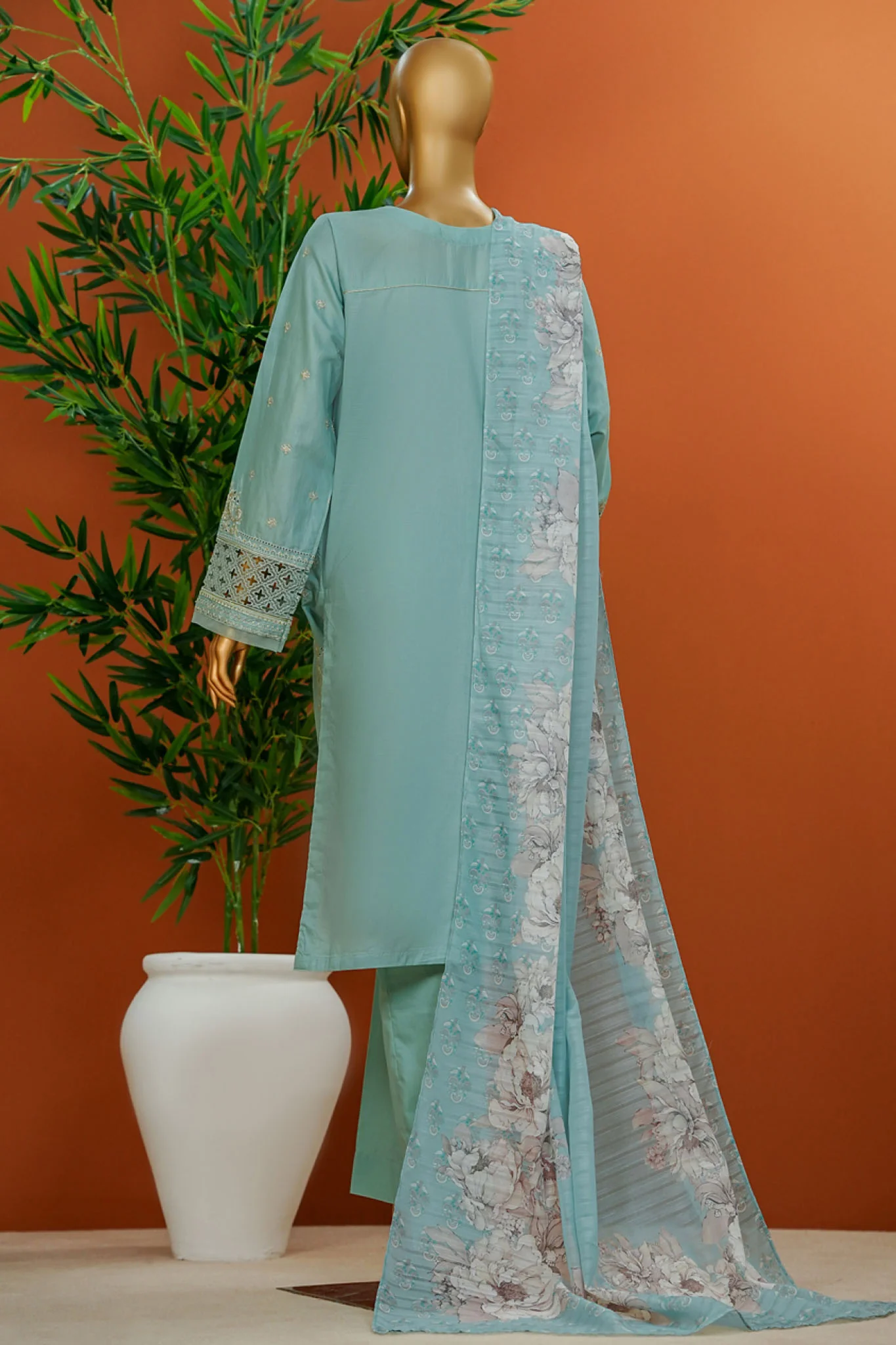 Muse By HZ Stitched 3 Piece Emb Cotton Slub Vol-01 Suit-SSE-103-Aqua - Image 3