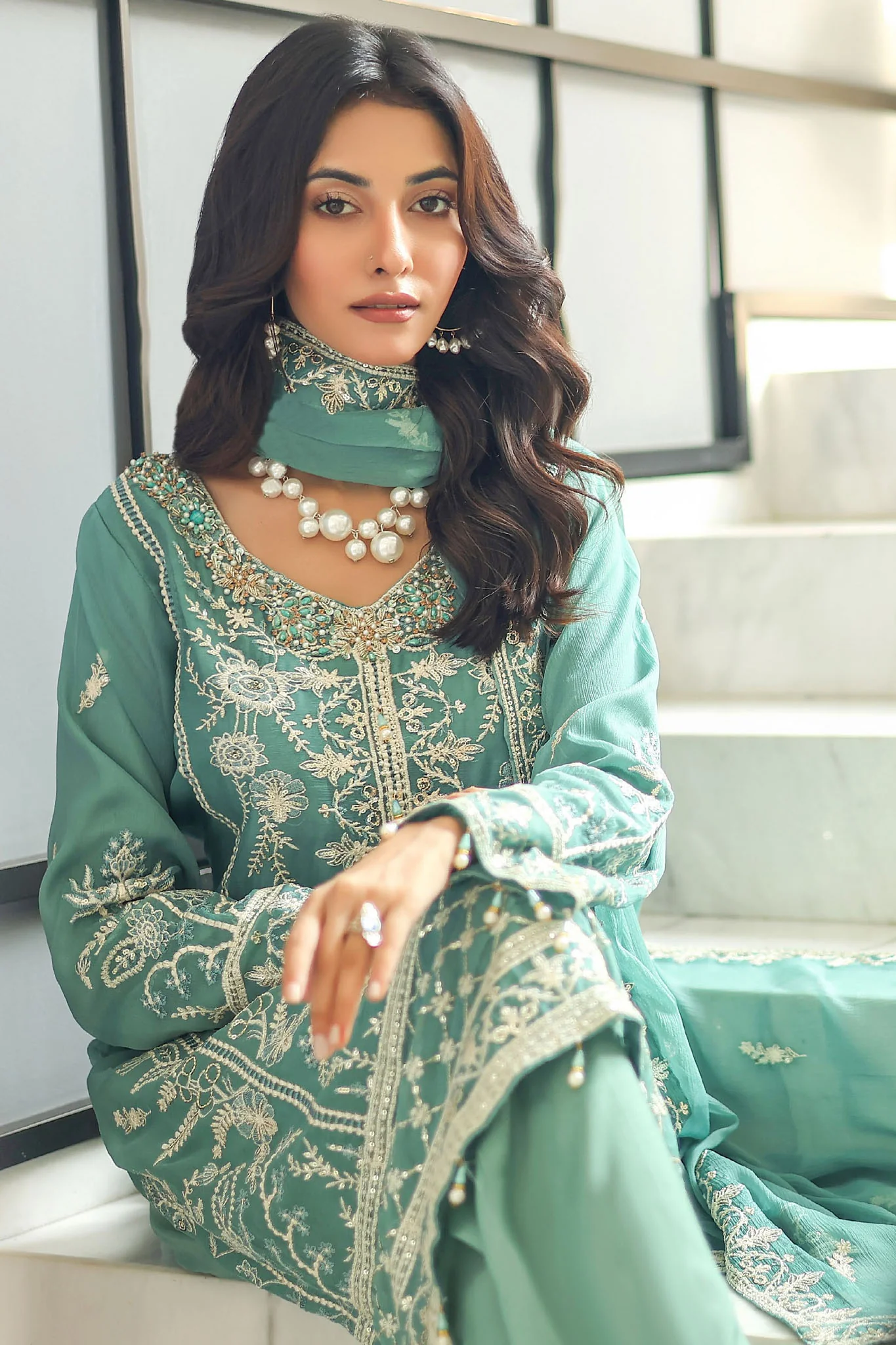 Mushq By Azmeerah Stitched 3 Piece Luxury Chiffon Pret Collection-01-Majestic Hue - Image 4