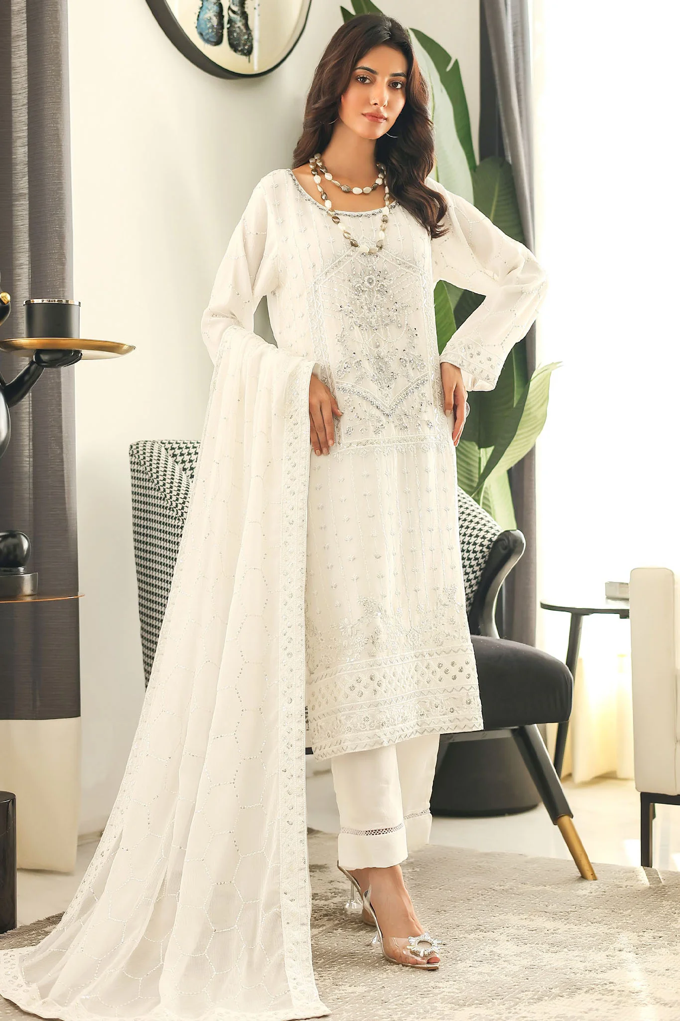 Mushq By Azmeerah Stitched 3 Piece Luxury Chiffon Pret Collection-02-Snow White - Image 4