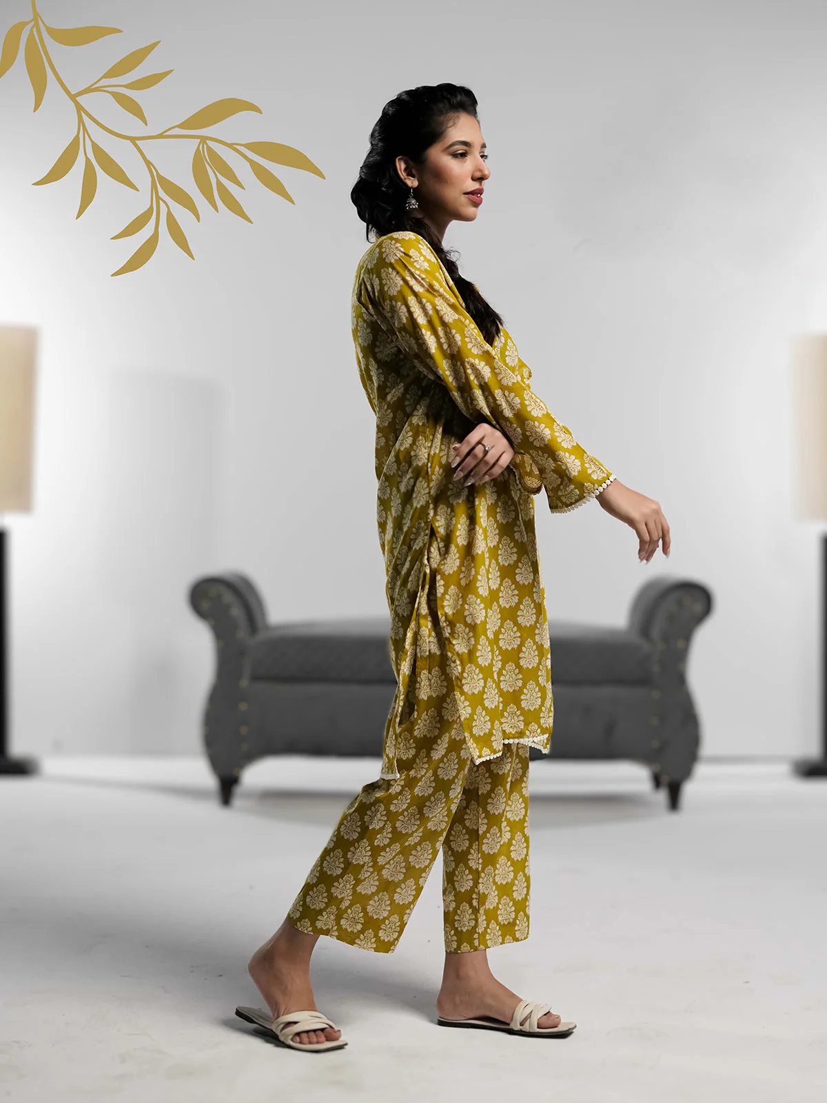 Ahlam Soft Cambric Stitched-Mustard co ord set Suit - Image 3